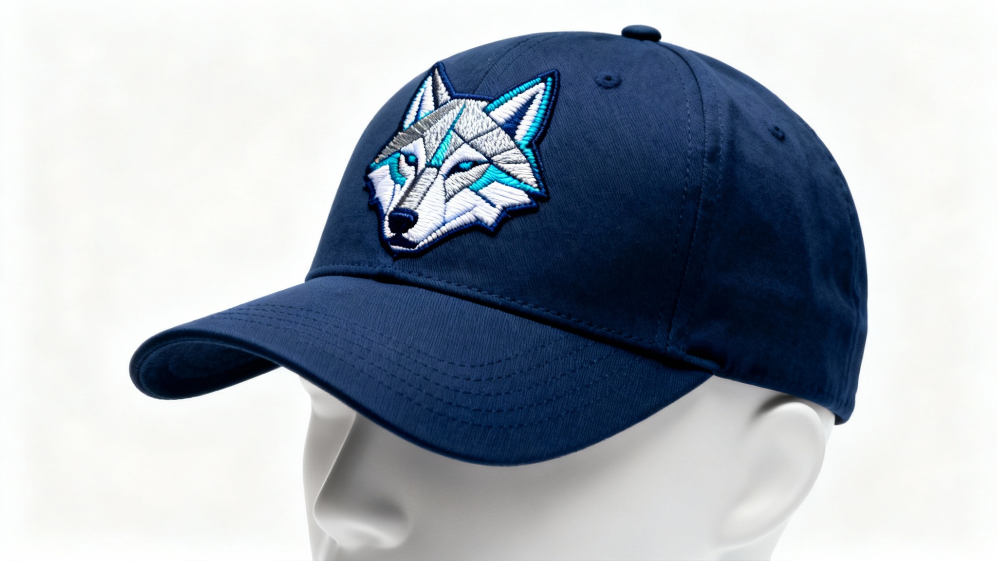 A photorealistic image of a navy blue baseball cap with a detailed, geometric wolf head embroidered in silver and blue threads on the front, shown against a clean white background.
