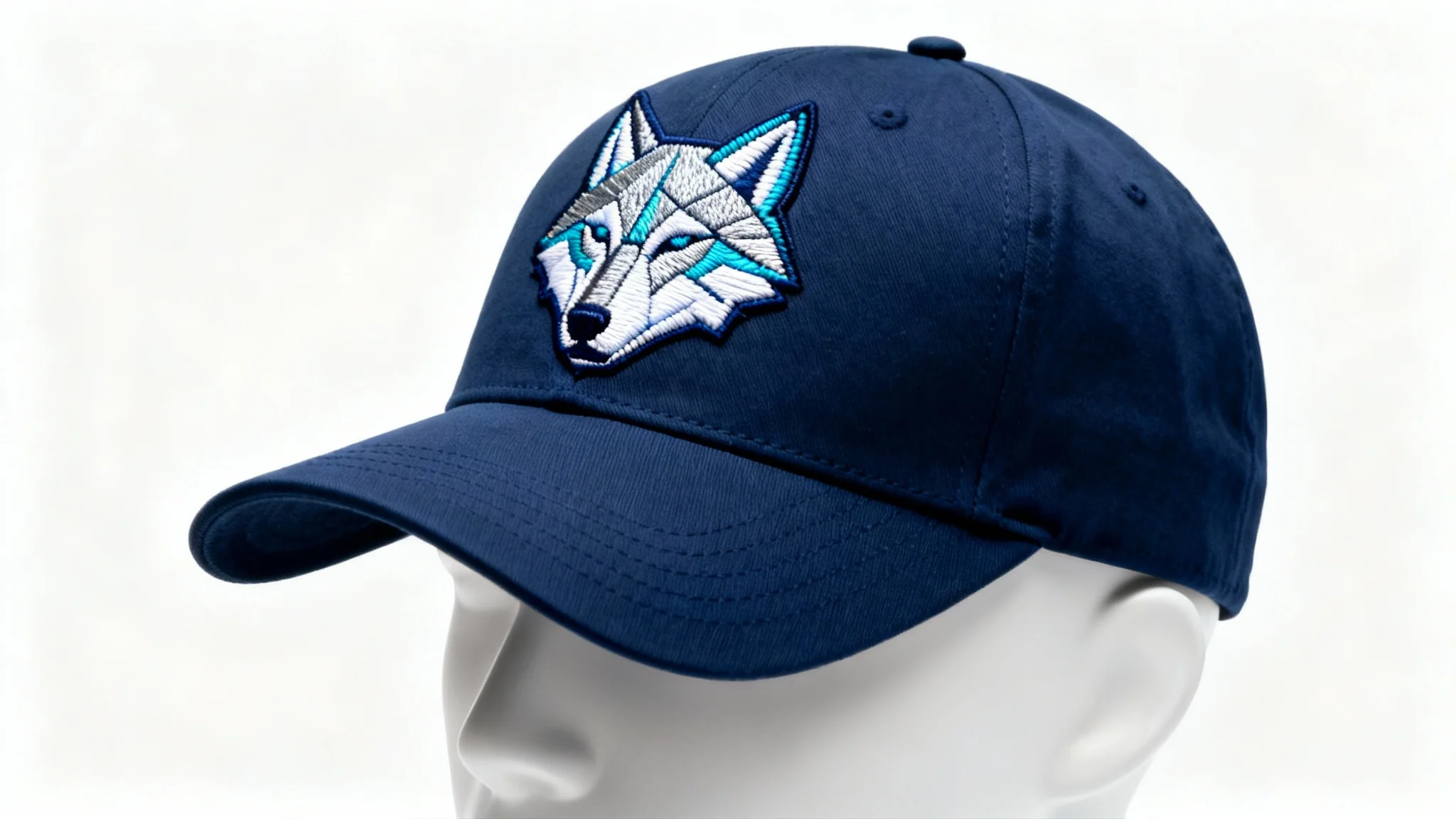 A photorealistic image of a navy blue baseball cap with a detailed, geometric wolf head embroidered in silver and blue threads on the front, shown against a clean white background.