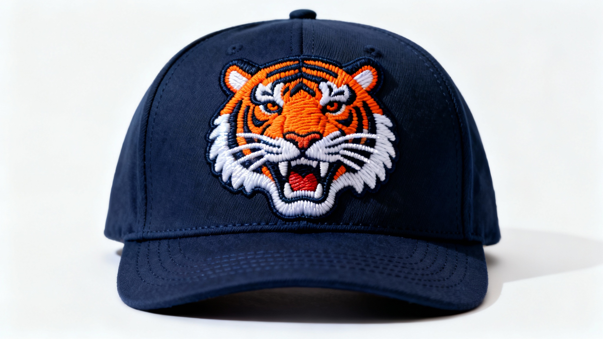 A detailed close-up of a 3D puff embroidery design of a roaring tiger head in orange, black, and white thread on a navy blue baseball cap, set against a plain white background to highlight the craftsmanship.
