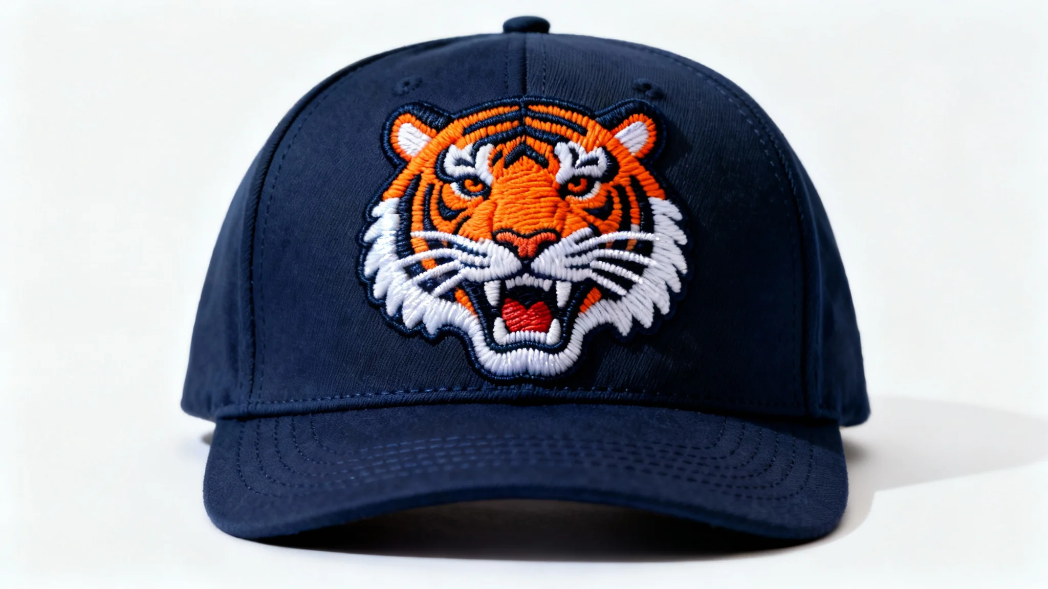 A detailed close-up of a 3D puff embroidery design of a roaring tiger head in orange, black, and white thread on a navy blue baseball cap, set against a plain white background to highlight the craftsmanship.