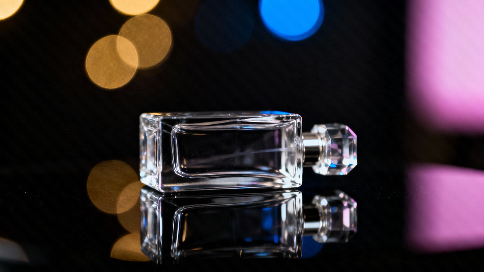 A professional product shot of a minimalist crystal perfume bottle against a dark background filled with beautiful, out-of-focus bokeh lights in golden and blue tones, creating a luxurious and magical atmosphere.