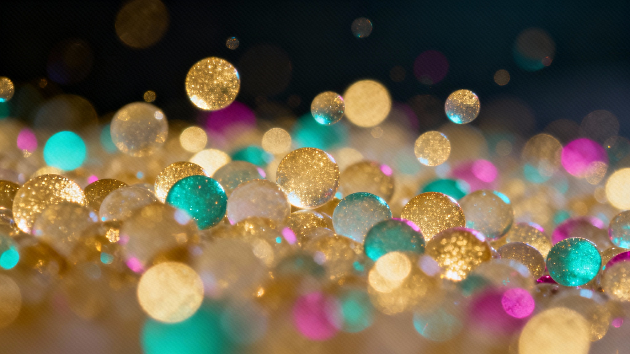 A beautiful abstract background featuring soft, glowing bokeh lights in gold, teal, and magenta of various sizes, creating a dreamy and magical effect.