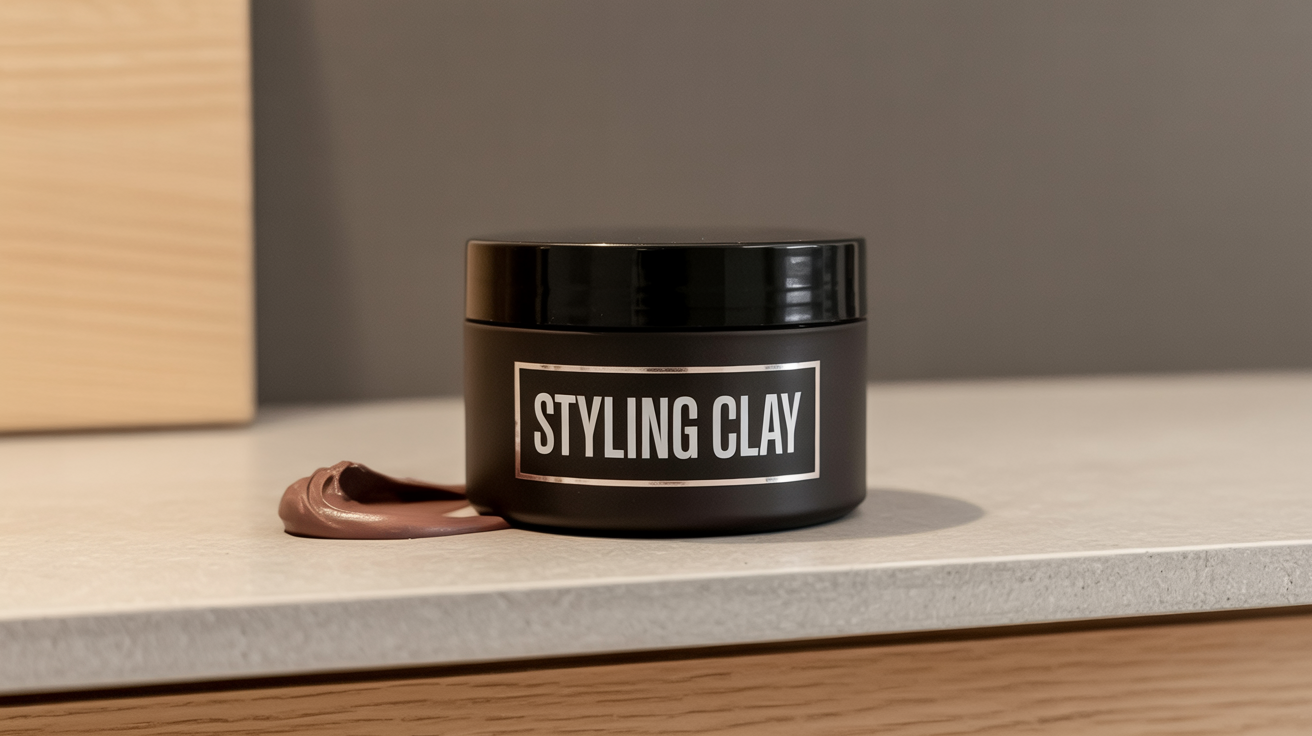 A photorealistic mockup of a matte black hair clay jar, presented as a professional product photo. The label clearly reads 'STYLING CLAY' in white text. The jar is set against a clean, minimalist background with dramatic lighting.