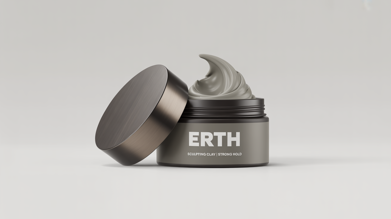 A luxurious product mockup of ERTH Sculpting Clay, featuring a matte black jar with an open top showing the grey clay inside, its brushed metal lid resting beside it on a clean white background.