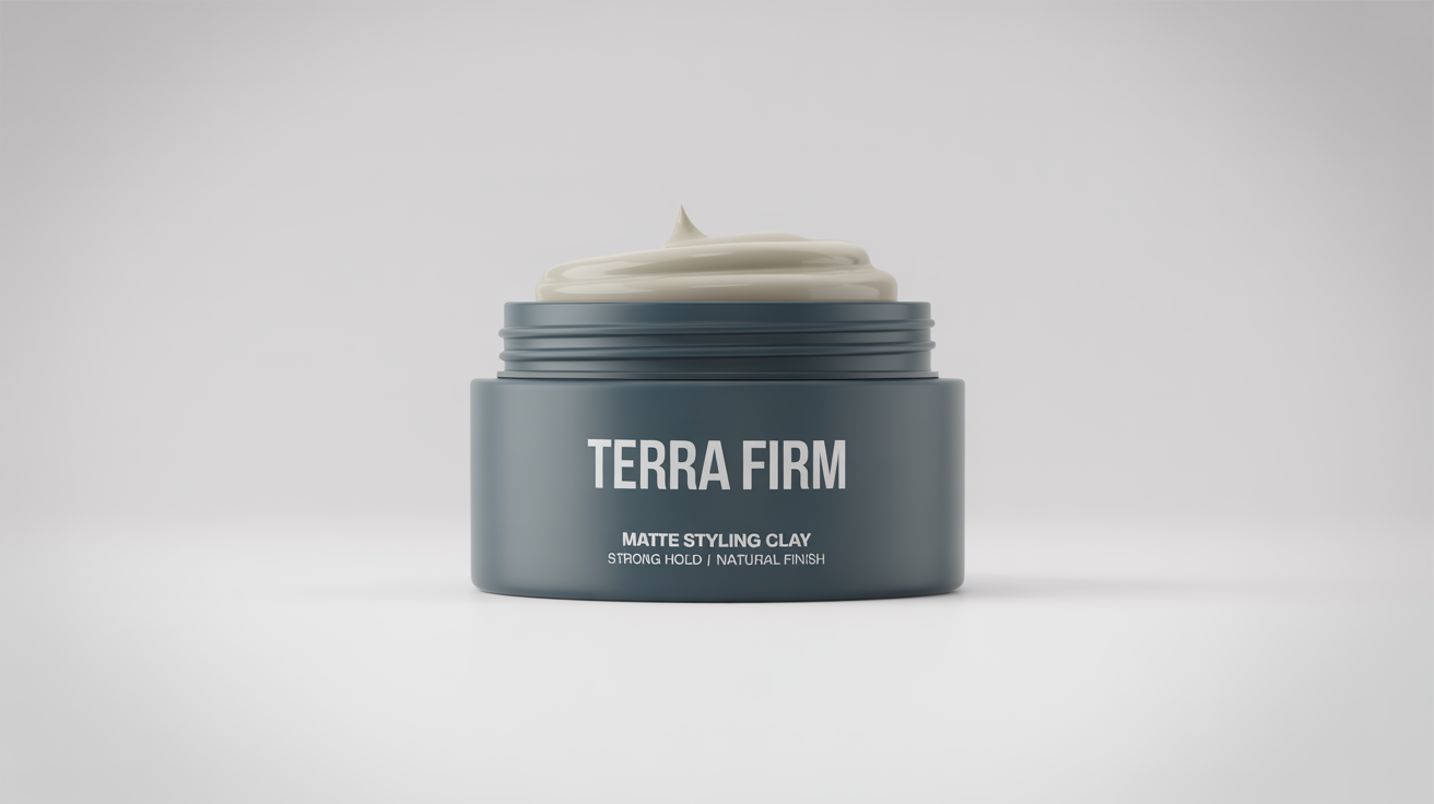 A professional product mockup of a sleek, matte charcoal grey jar of 'TERRA FIRM' hair clay, set against a solid white background.