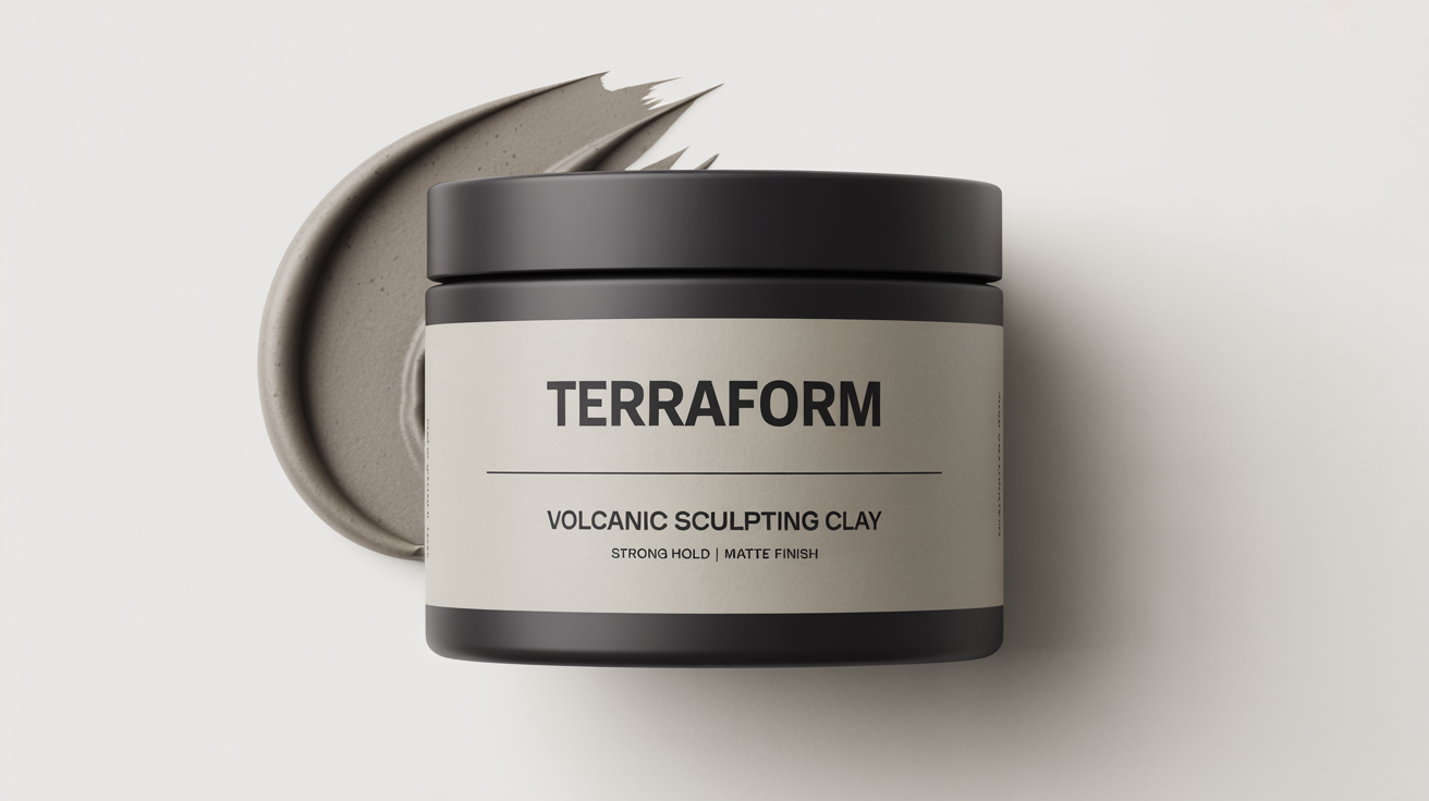 A sleek, matte black jar of 'Terraform' brand hair clay sits against a white background, with a small sample of the clay product showing its texture.