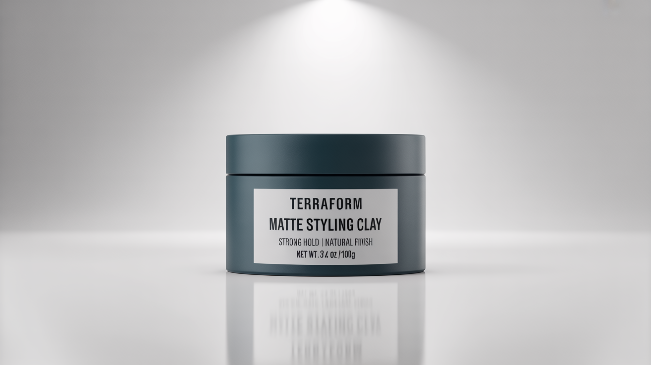 A photorealistic mockup of a modern, matte black jar of TerraForm Matte Styling Clay, shown against a clean white background.
