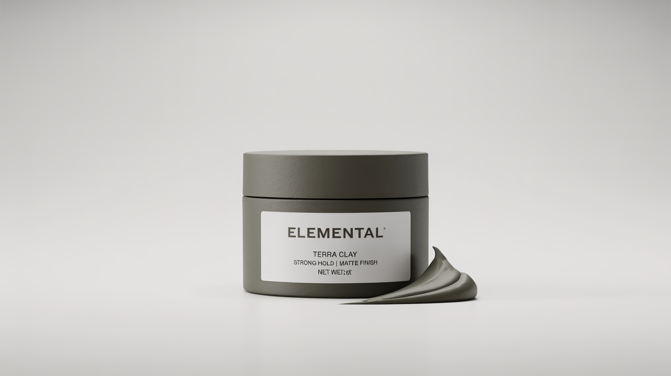 A photorealistic mockup of a matte black jar of 'Elemental Terra Clay' hair product, set against a clean white background, with a small sample of the gray clay next to it.