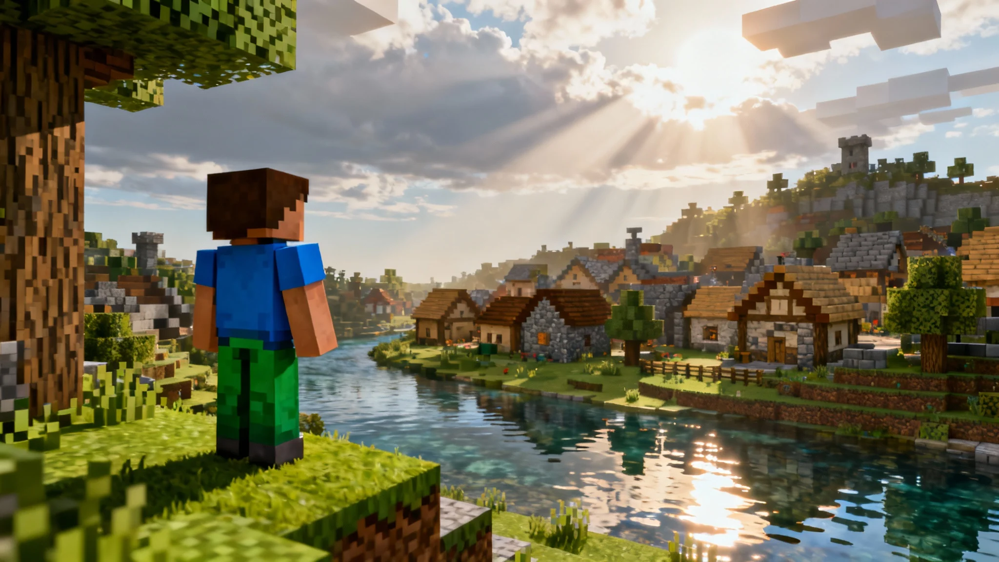 A hyper-realistic render of a Minecraft scene, showing a character on a hill overlooking a village with photorealistic lighting, water, and textures.