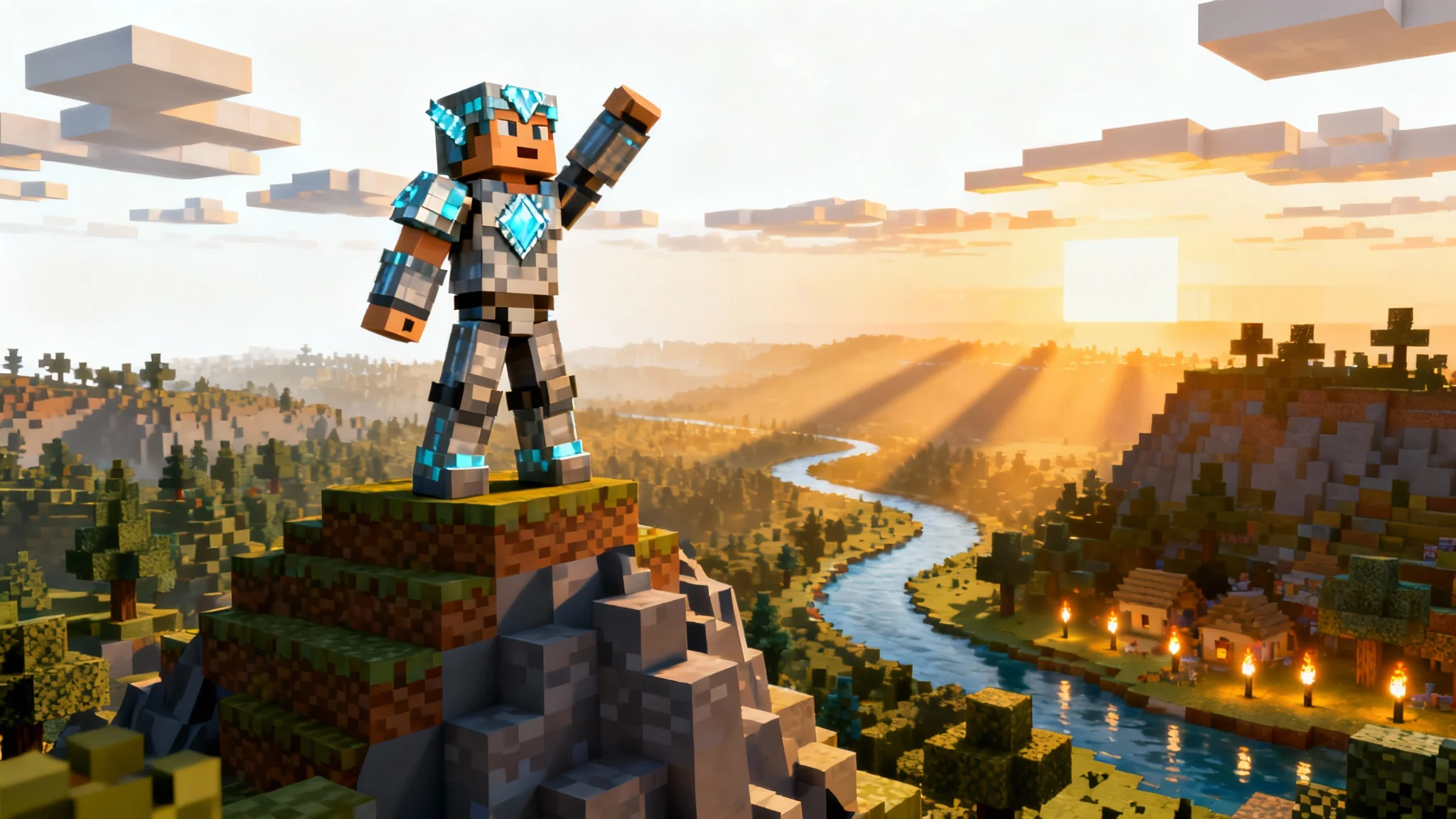 A high-quality 3D Minecraft render of a character in diamond armor on a mountain, looking over a vast landscape at sunrise.