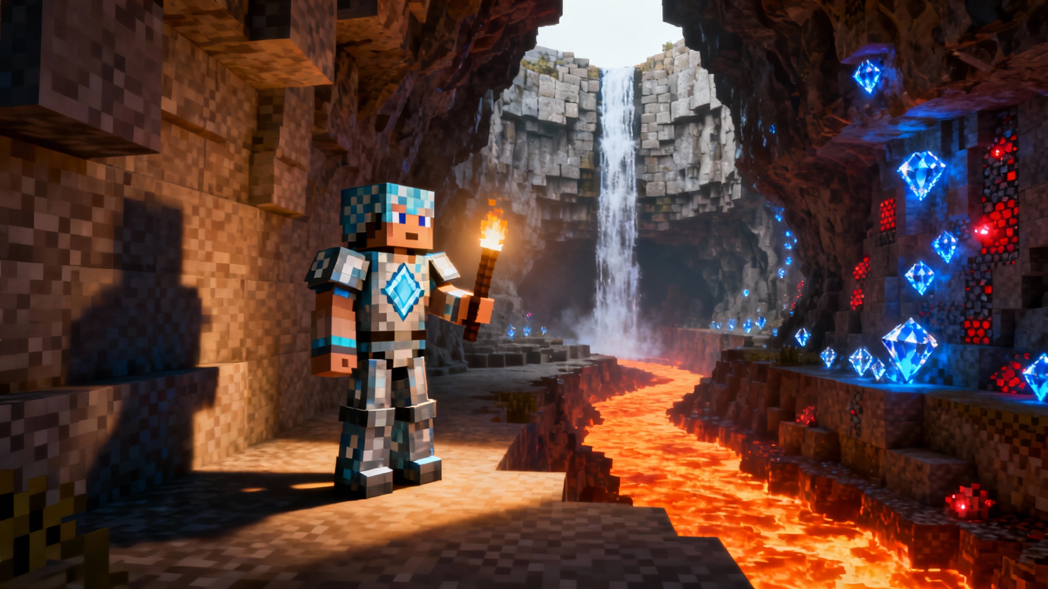 A high-quality 3D render of a Minecraft scene, showing a character in diamond armor exploring a vast cave filled with glowing ores, a waterfall, and lava, all lit by a torch.