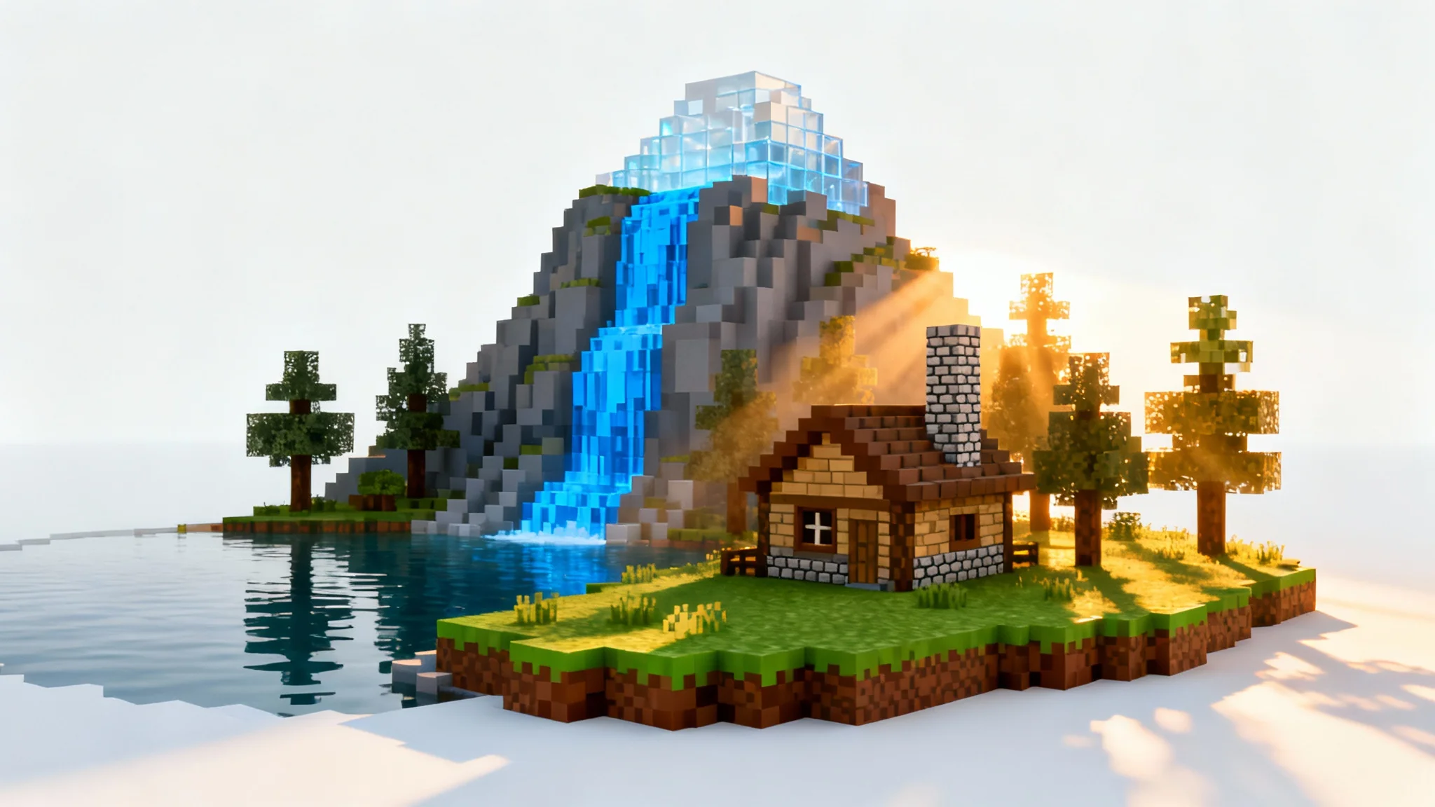 A photorealistic 3D render of a Minecraft landscape featuring a blocky mountain, waterfall, and a small cabin by a lake, all set against a clean white background.