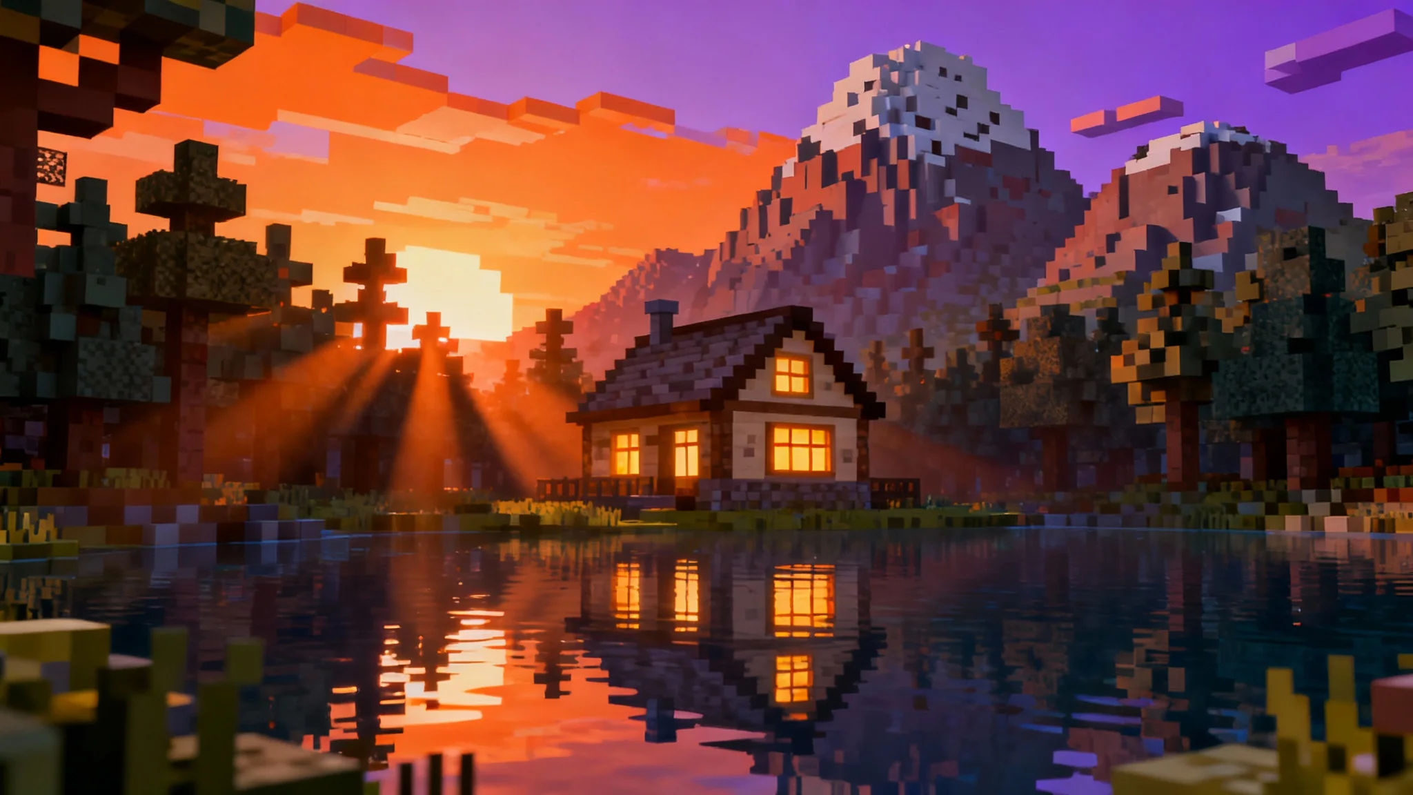 A hyper-realistic 3D render of a Minecraft world at sunset, featuring a cozy block cottage by a reflective lake, surrounded by blocky trees and mountains under a golden sky.
