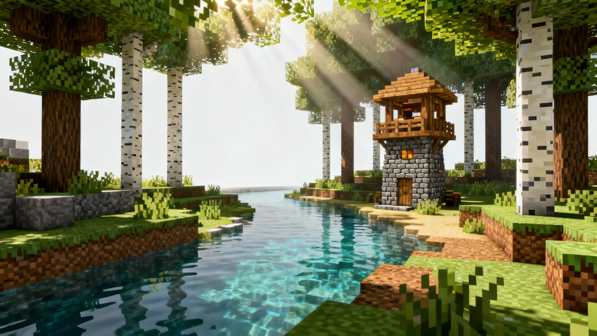 A photorealistic 3D render of a Minecraft world, featuring a forest, a river, and a small wooden structure, displayed like a miniature model against a stark white background.