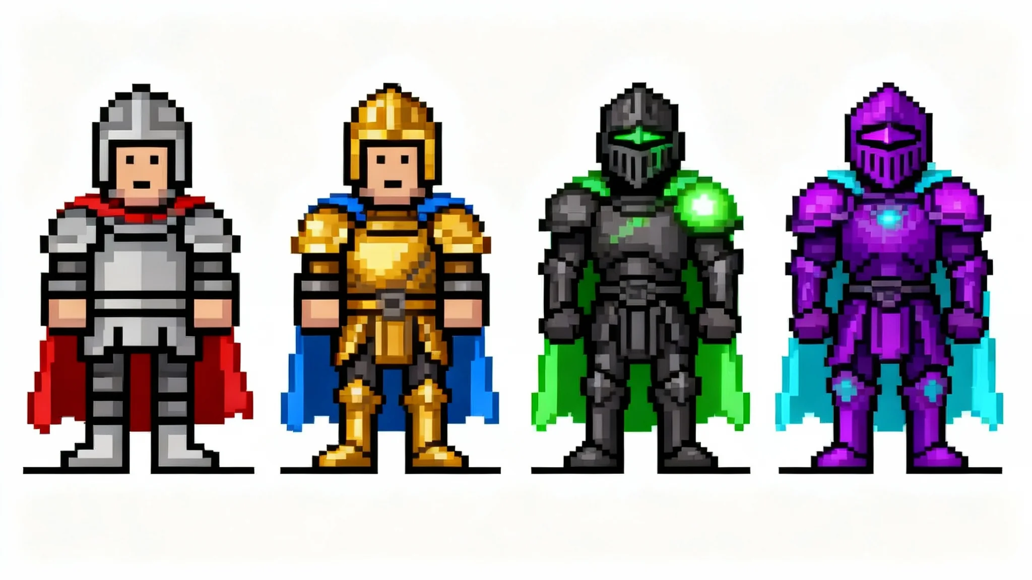 A lineup of a pixel art knight sprite in four different color palettes. The original has silver armor and a red cape, while the recolored versions show gold and blue, dark and green, and purple and cyan color schemes, demonstrating the final result of a sprite recolor tool.