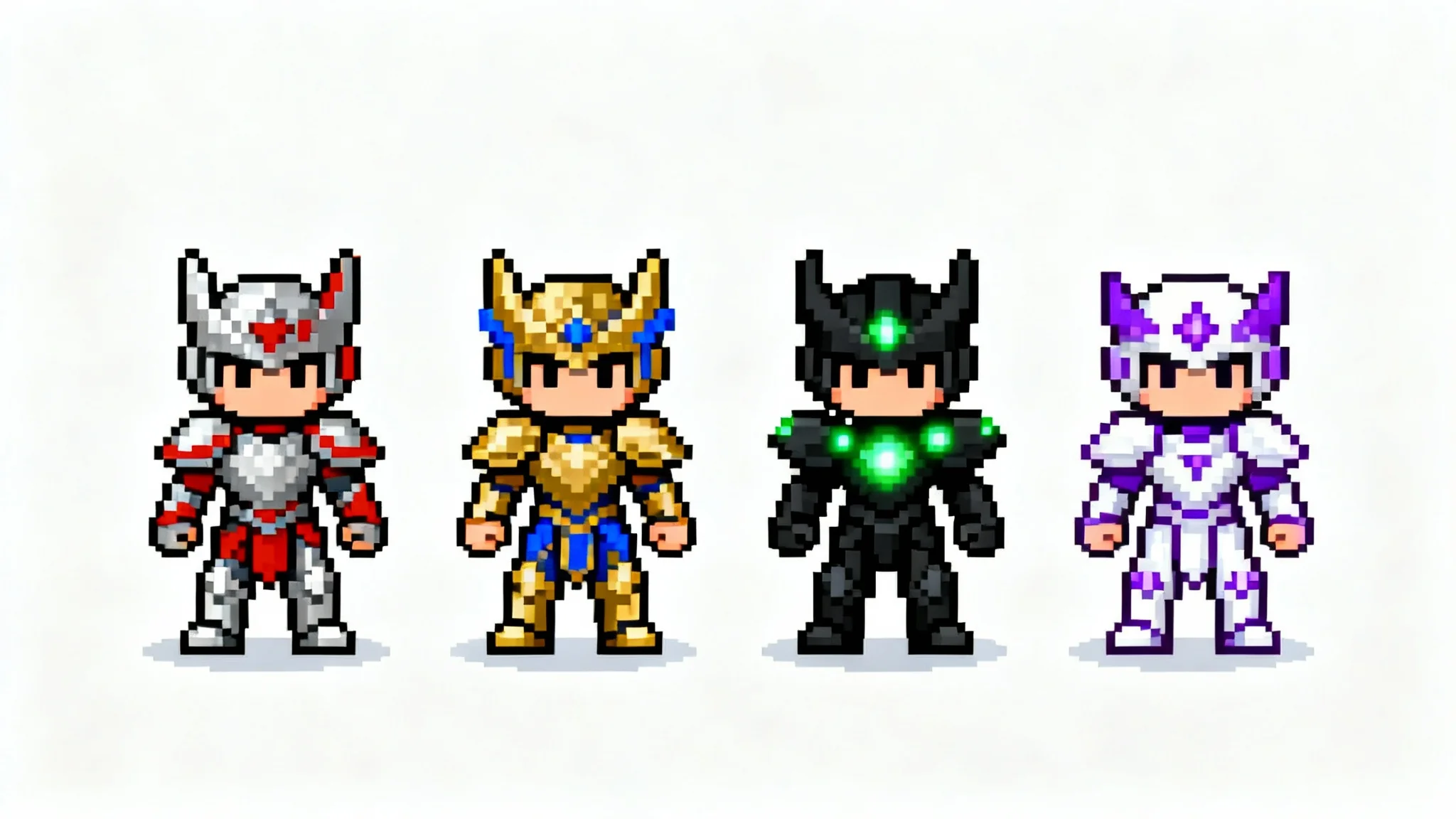 A row of four identical pixel art character sprites, each with a different color scheme, showcasing the effect of recoloring game assets on a clean white background.