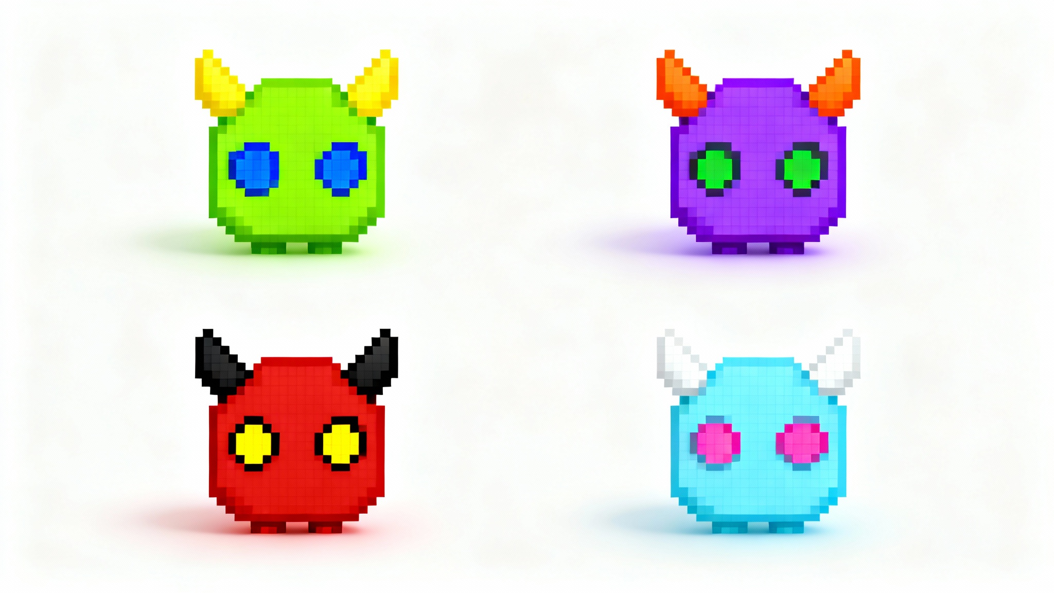 A grid of four 16-bit pixel art monsters on a white background, demonstrating a sprite recolor feature. Each monster is the same shape but has a different color scheme.