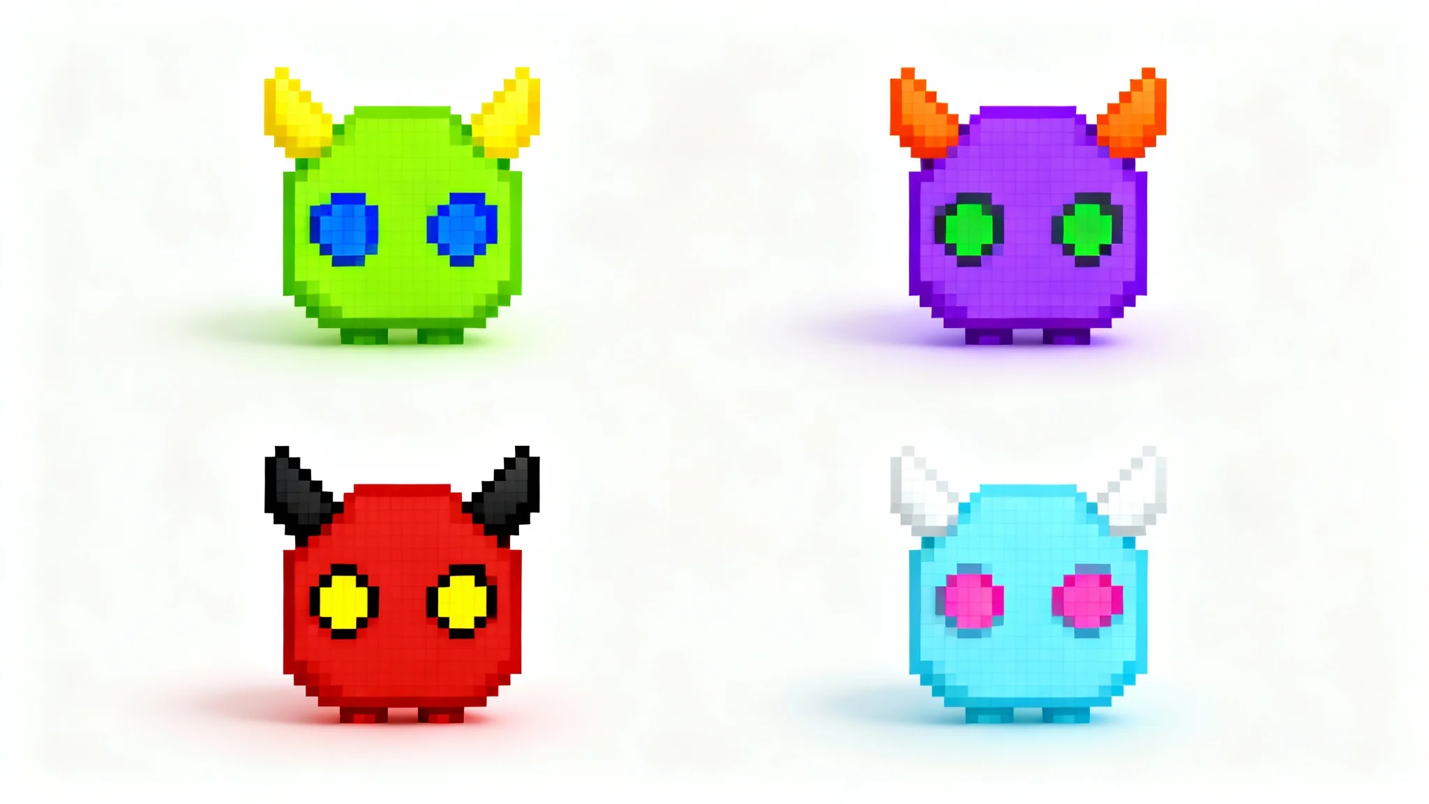 A grid of four 16-bit pixel art monsters on a white background, demonstrating a sprite recolor feature. Each monster is the same shape but has a different color scheme.