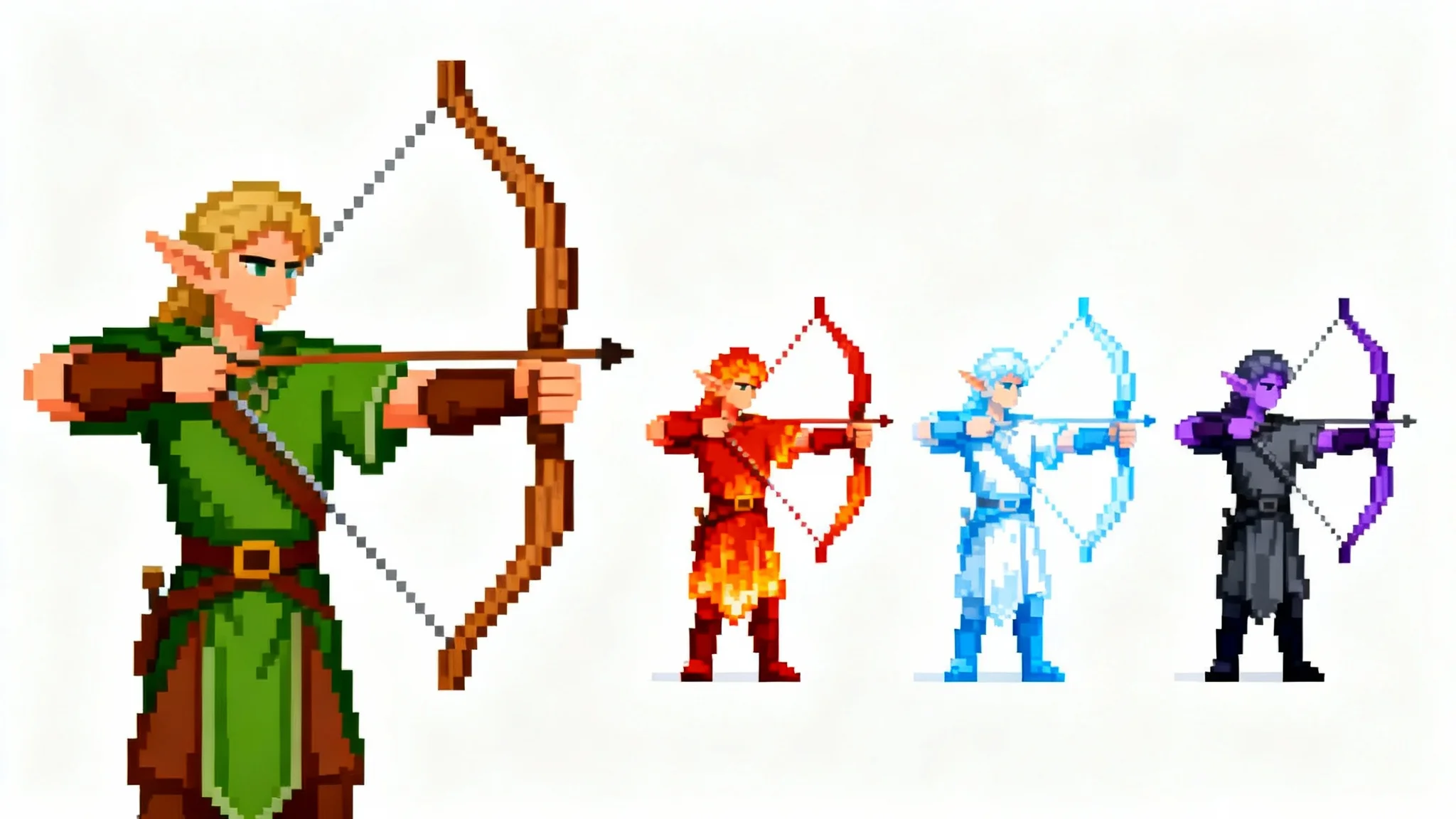 A lineup of four pixel art elf archer sprites, showing the same character recolored into different palettes: green, red, blue, and purple, on a white background to illustrate sprite recoloring.