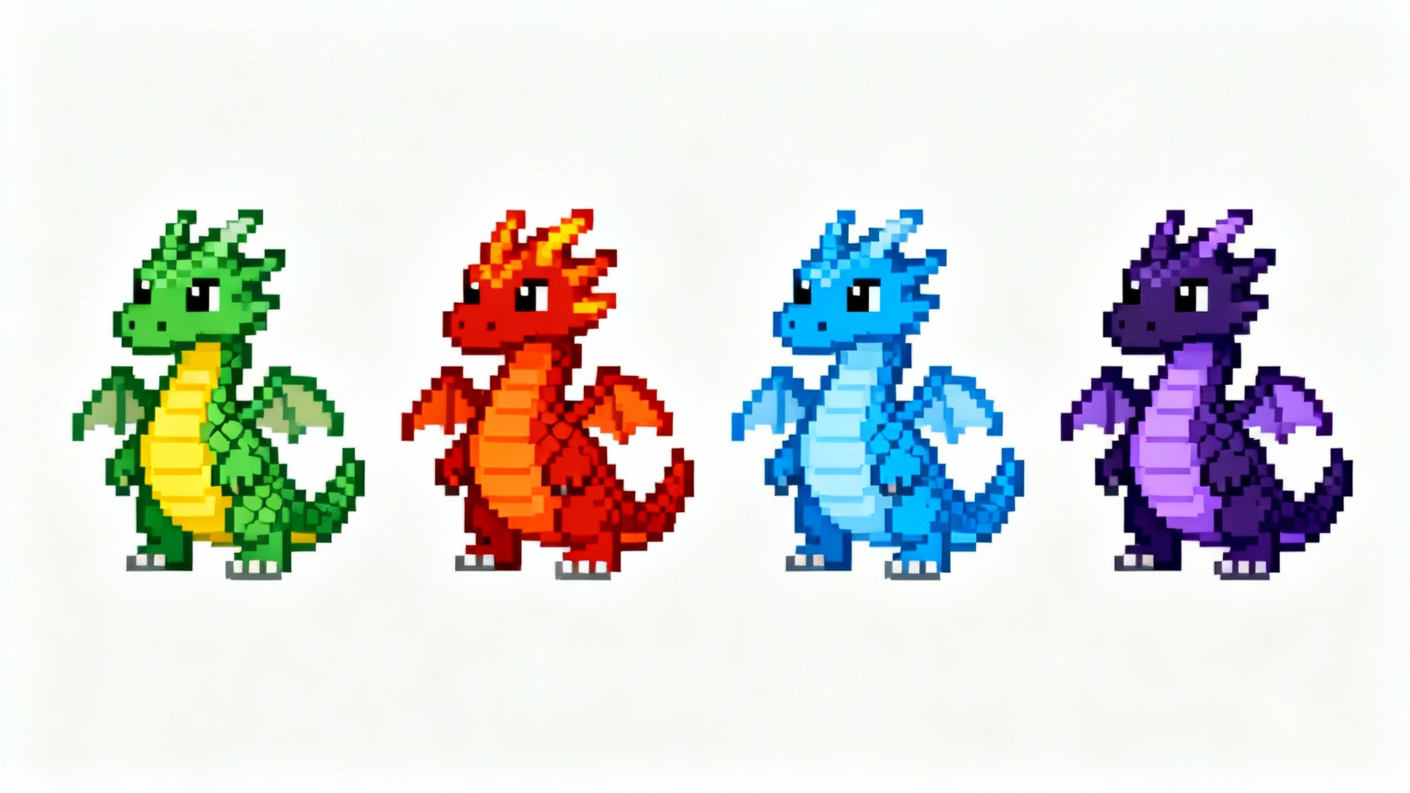 A pixel art sprite sheet showing four color variations of a small dragon character, demonstrating a sprite recolor concept.