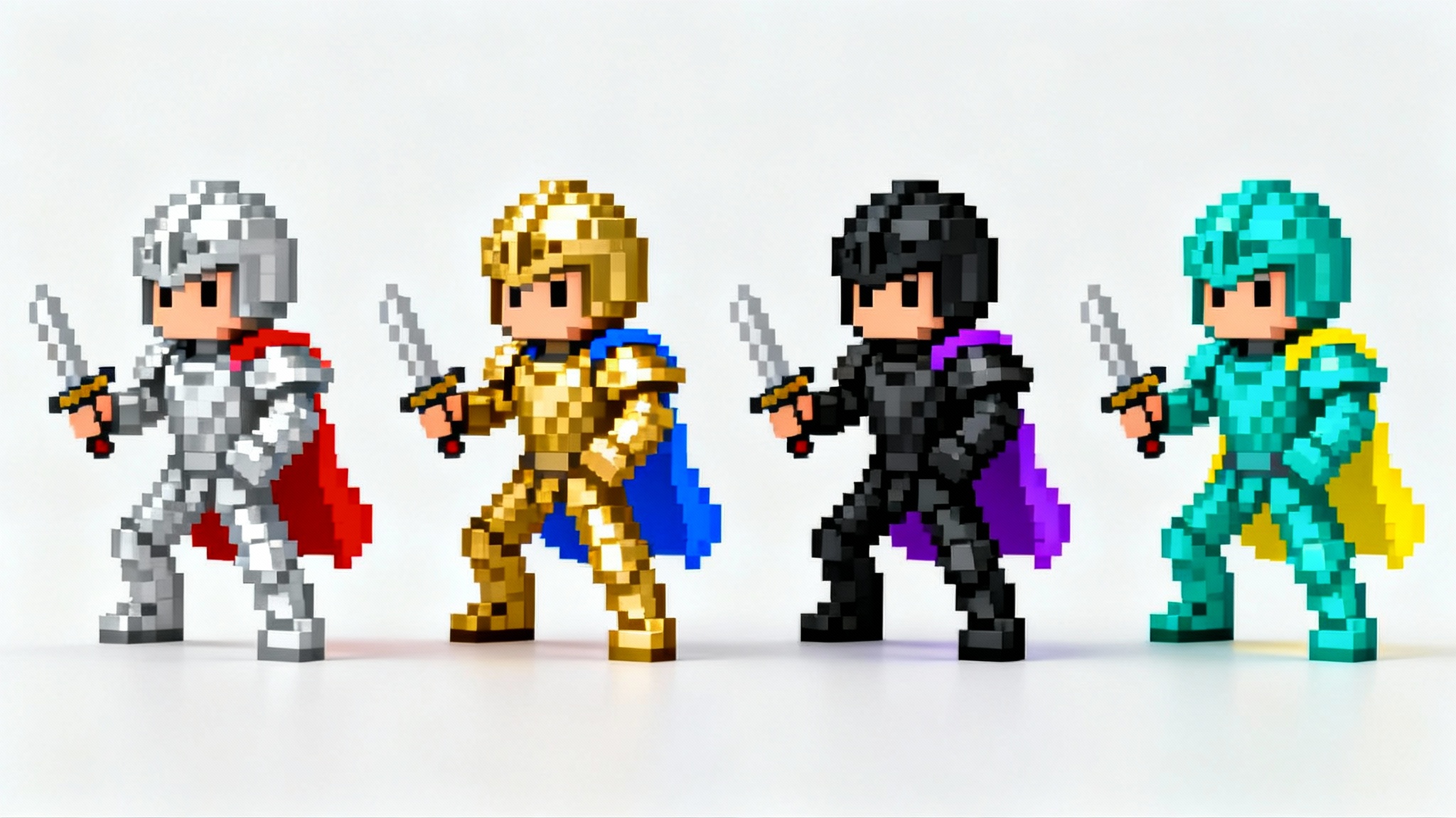 A row of four identical 16-bit pixel art knight sprites against a white background. Each sprite has a different color palette for its armor and cape, illustrating the concept of sprite recoloring.