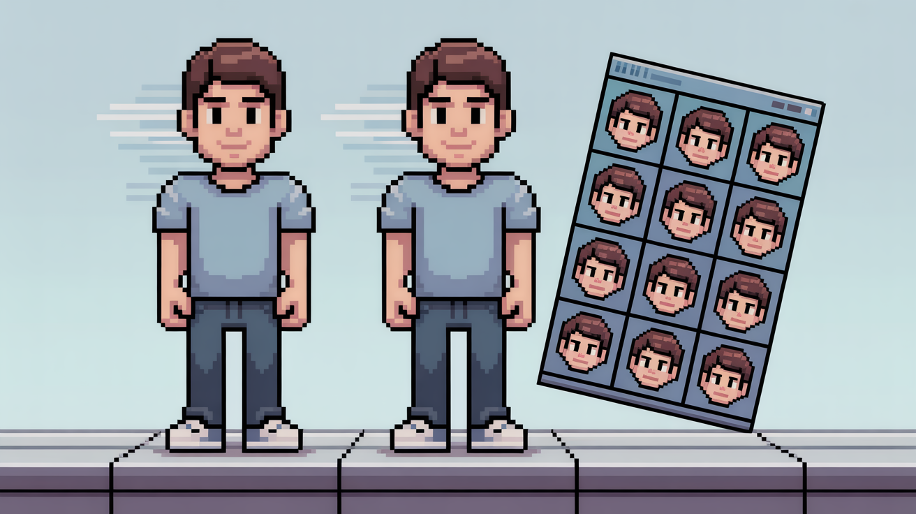 A pixel art character in an idle animation pose, shown next to the 8-sprite sheet used to create the animation, demonstrating a sprite animation tool's result.