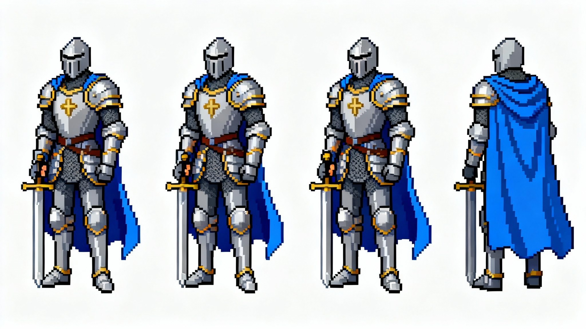 A 16-bit pixel art sprite sheet showing the idle animation of a knight in silver armor, displayed in four sequential frames on a white background.