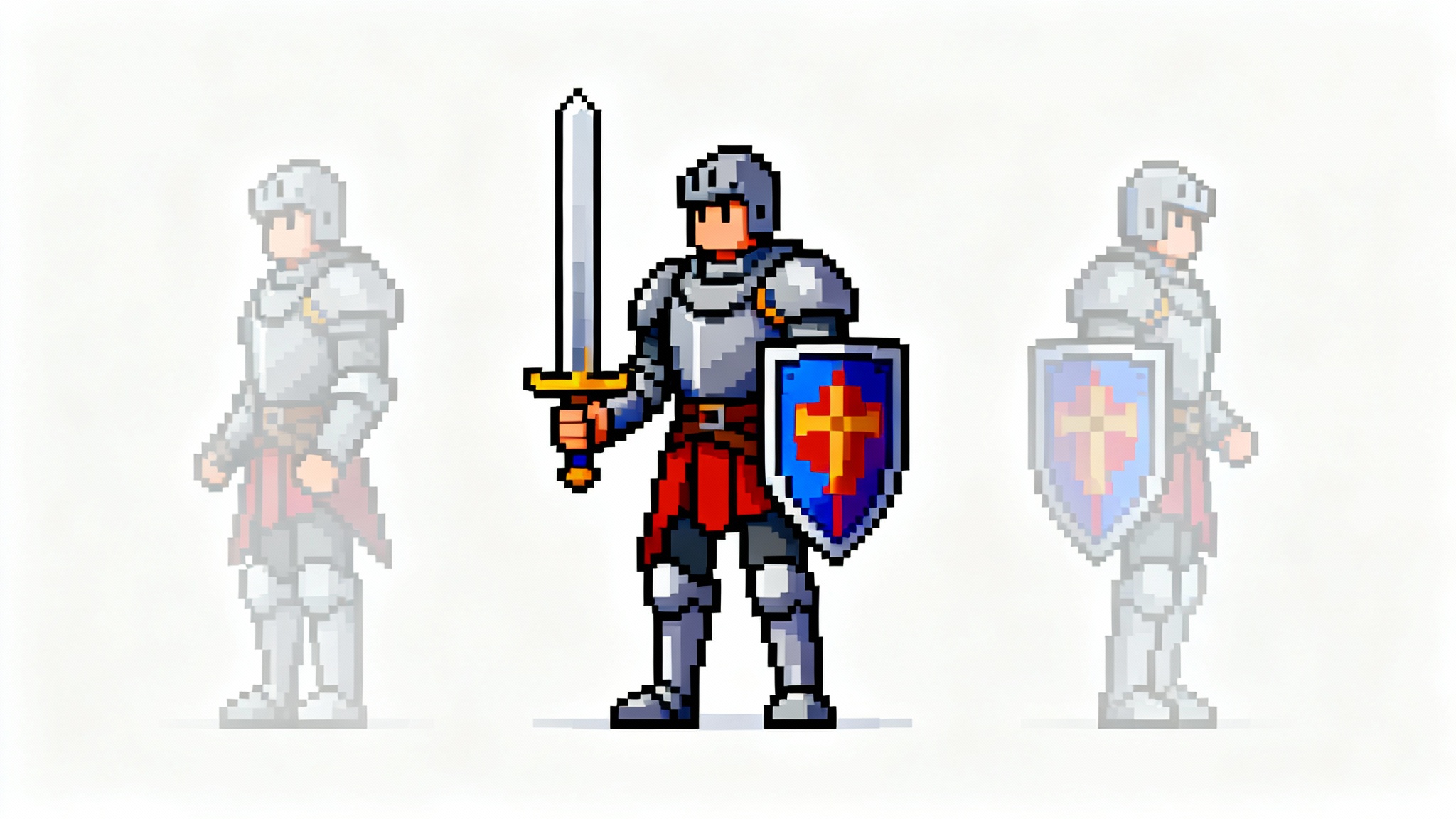 A 16-bit pixel art sprite of a knight in an idle pose, flanked by semi-transparent echoes of itself in slightly different positions to illustrate an idle animation.