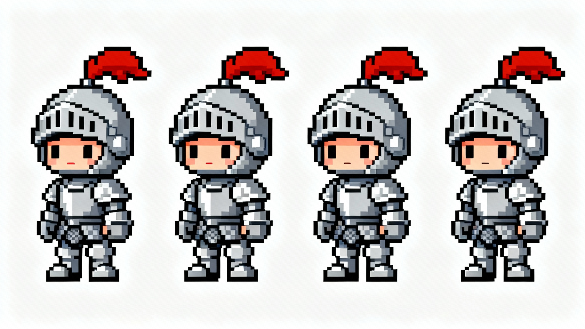 A pixel art sprite sheet showing a four-frame idle animation for a small knight character, displayed in a row on a white background.