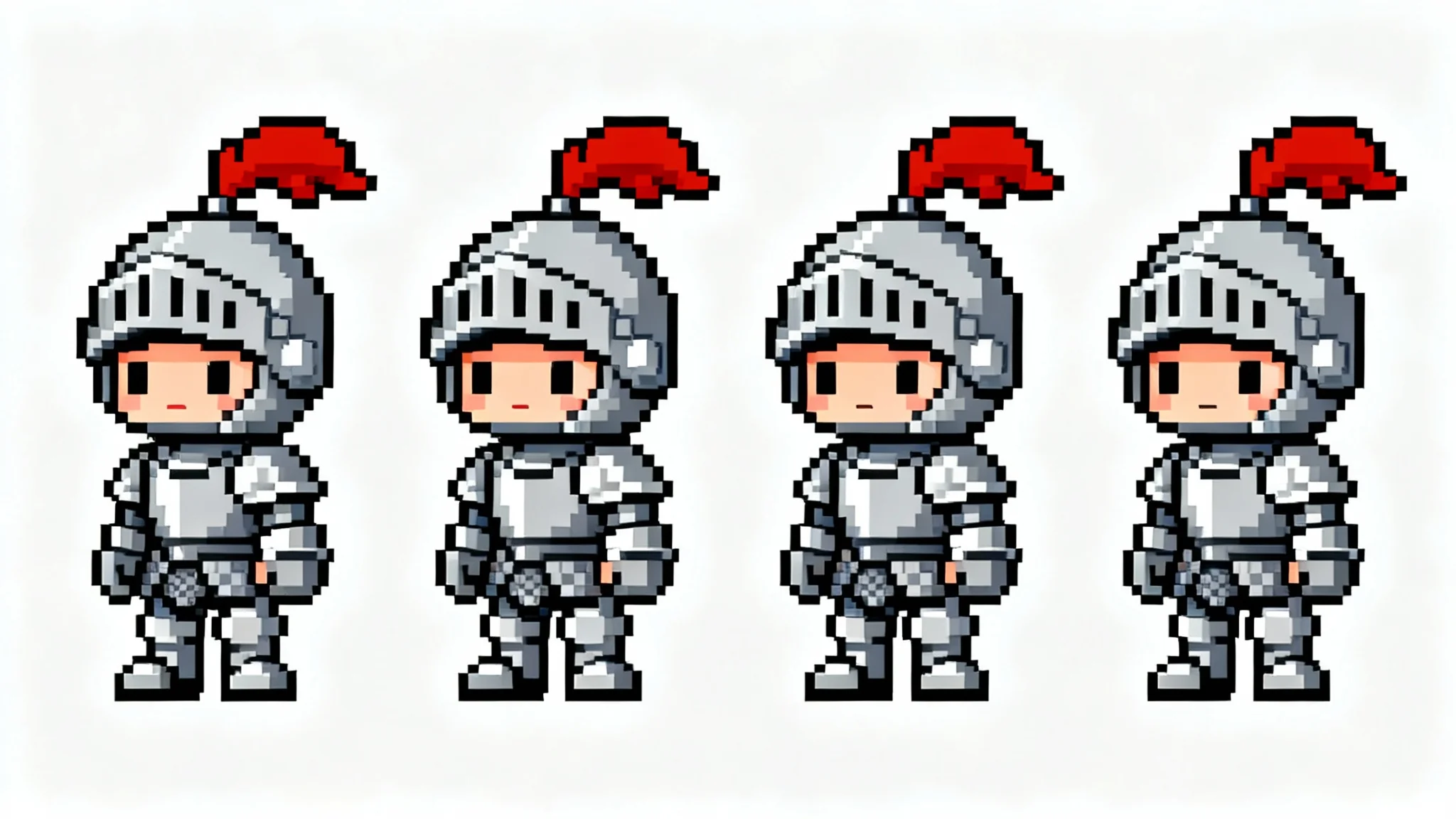 A pixel art sprite sheet showing a four-frame idle animation for a small knight character, displayed in a row on a white background.