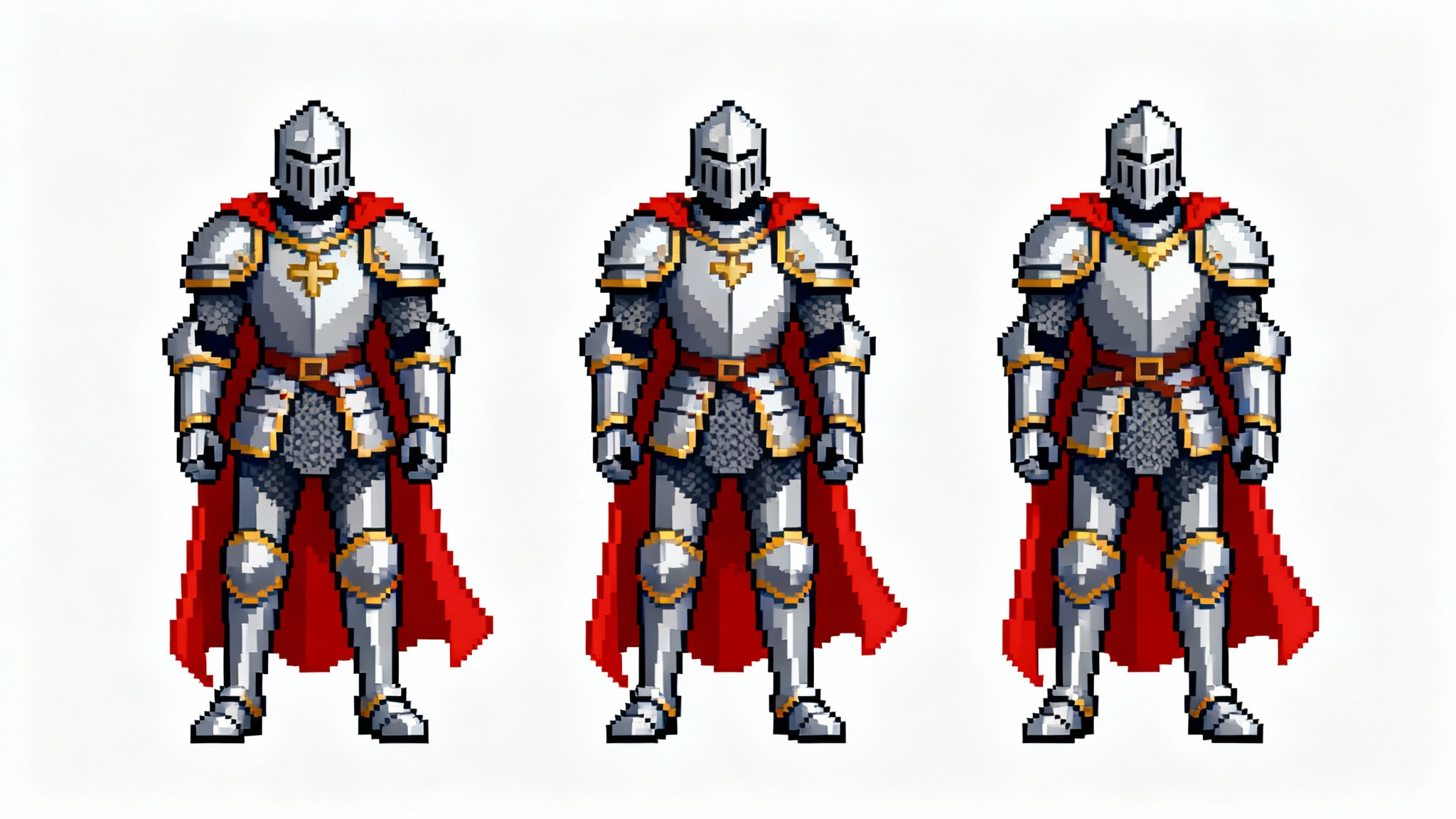 A pixel art sprite sheet showing a four-frame idle animation of a fantasy knight, illustrating the subtle movements of the character at rest.
