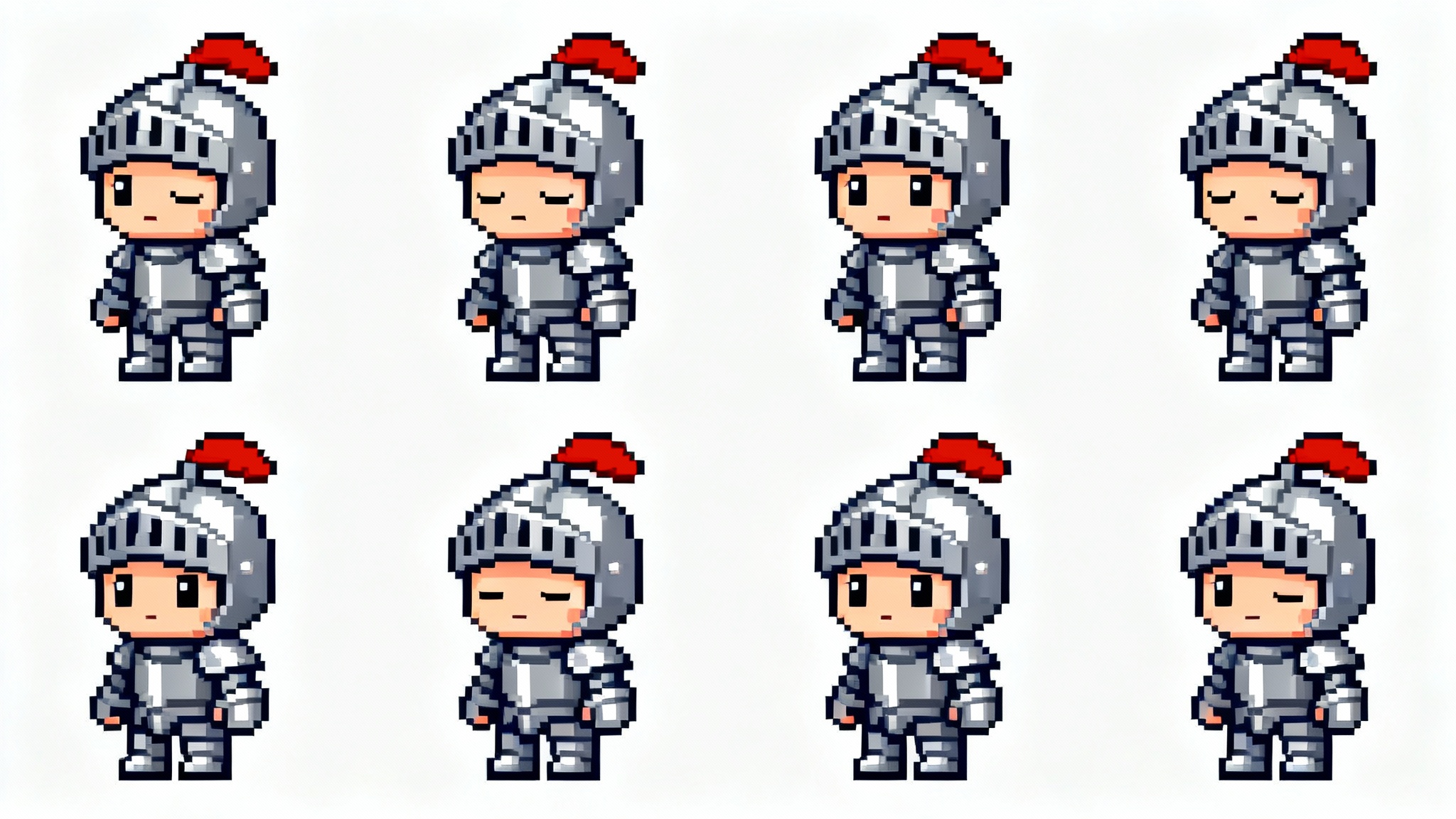 A pixel art sprite sheet showing an 8-frame idle animation sequence for a small knight character, presented in a grid on a white background.