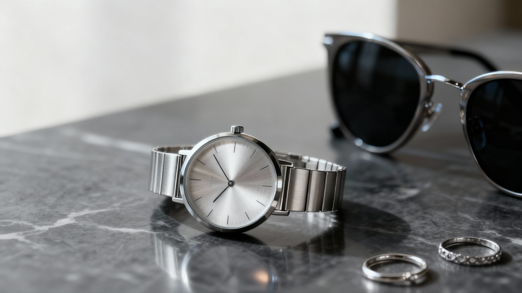 A professional, high-end product photograph of a silver minimalist watch resting on a dark marble surface, with rings and sunglasses blurred in the background.