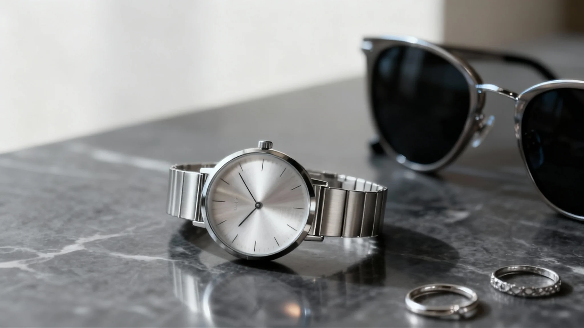 A professional, high-end product photograph of a silver minimalist watch resting on a dark marble surface, with rings and sunglasses blurred in the background.