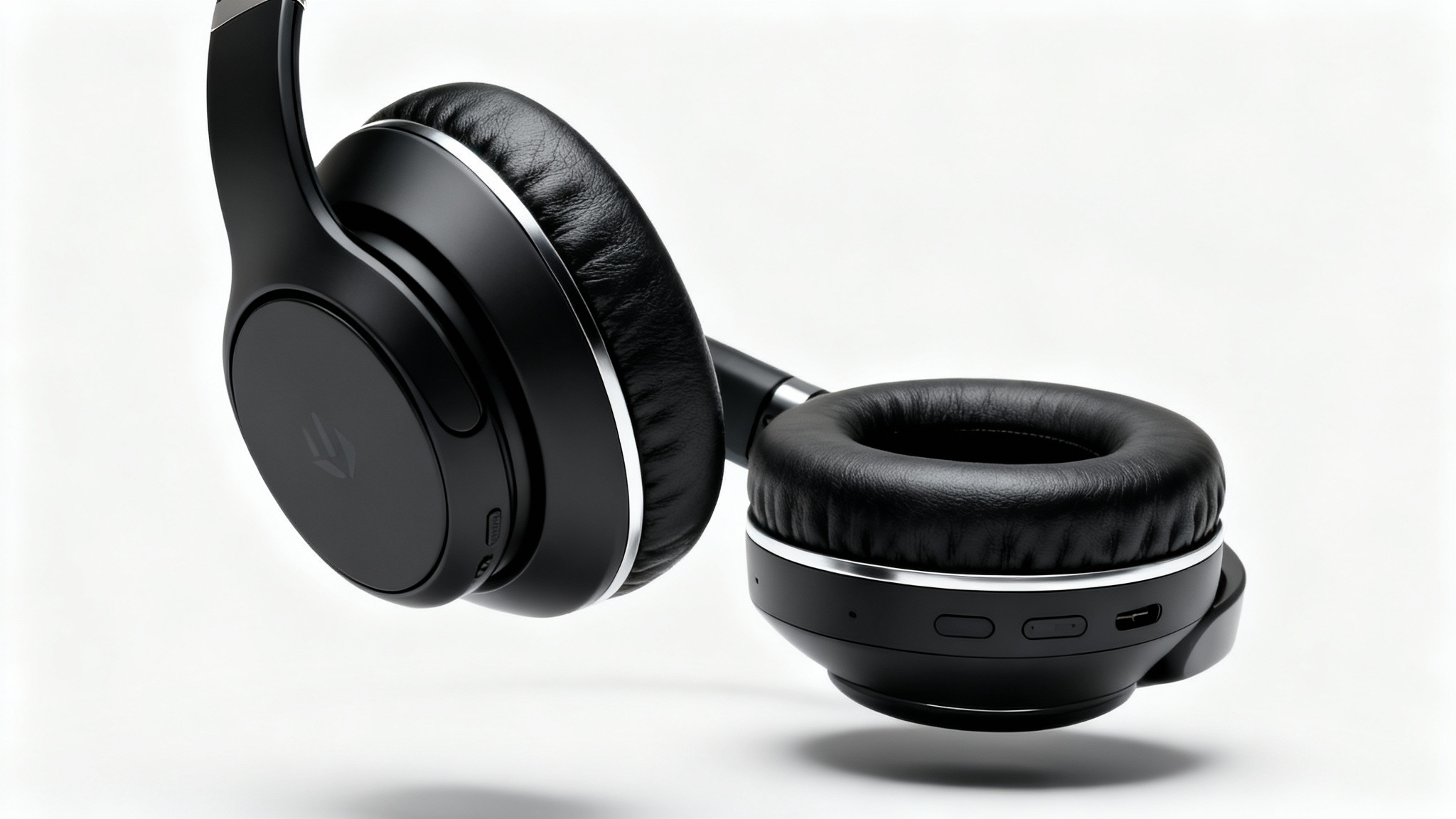 A professional product photograph of a pair of high-end, matte black wireless headphones on a clean white background, showcasing their sleek design and materials.