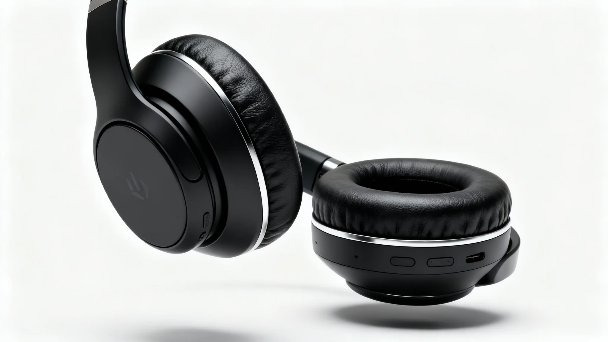 A professional product photograph of a pair of high-end, matte black wireless headphones on a clean white background, showcasing their sleek design and materials.