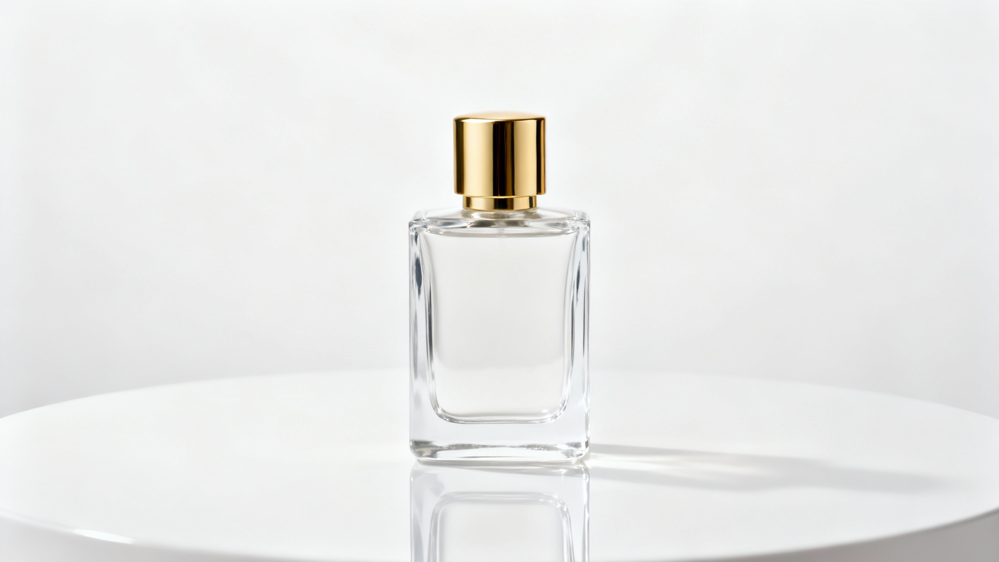 A professional product photograph of a luxury perfume bottle on a reflective white surface against a seamless white background, demonstrating high-quality commercial photography.