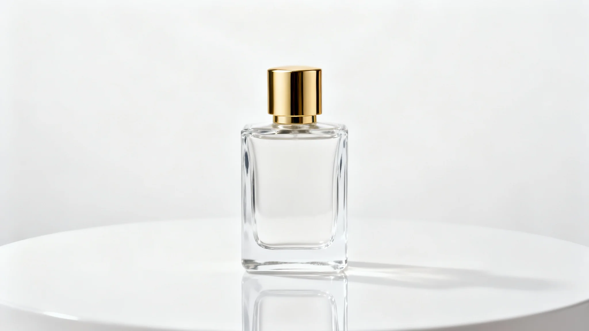 A professional product photograph of a luxury perfume bottle on a reflective white surface against a seamless white background, demonstrating high-quality commercial photography.