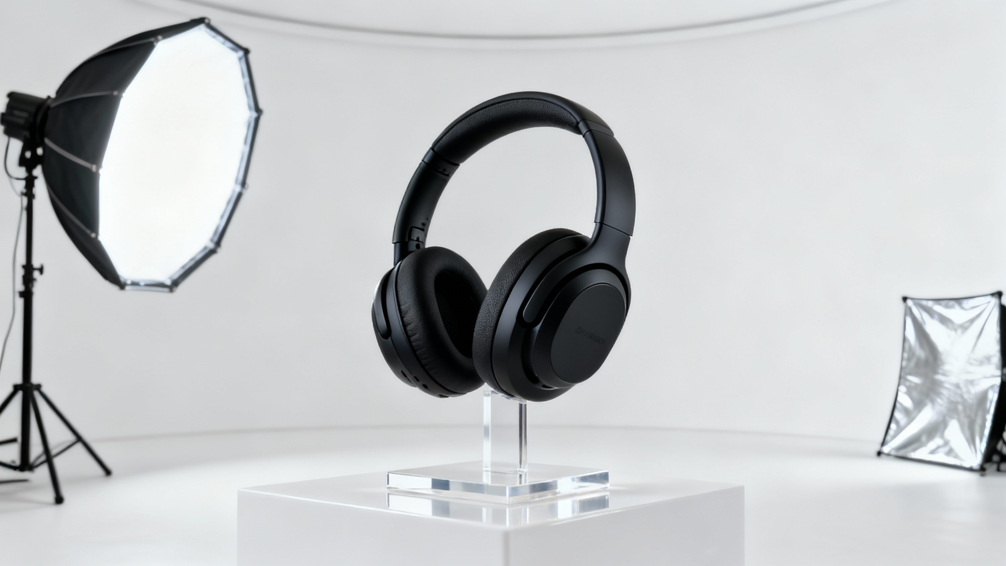 A pair of sleek, matte black wireless headphones displayed on a stand in a professional photography studio with a clean white background and studio lighting.
