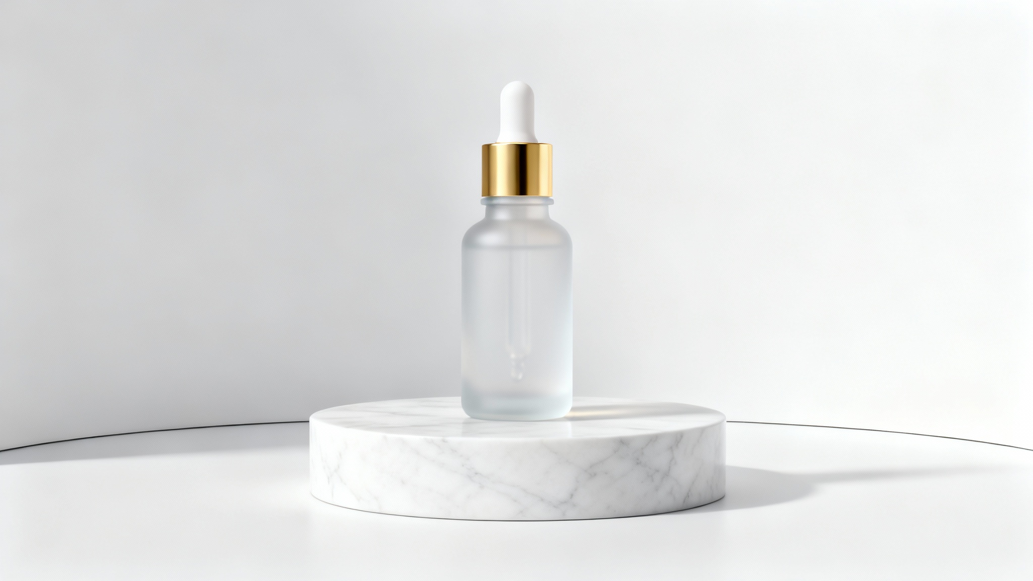 A professional product photograph of a luxury facial serum in a frosted glass bottle with a gold cap, staged on a white marble podium against a clean white studio background.