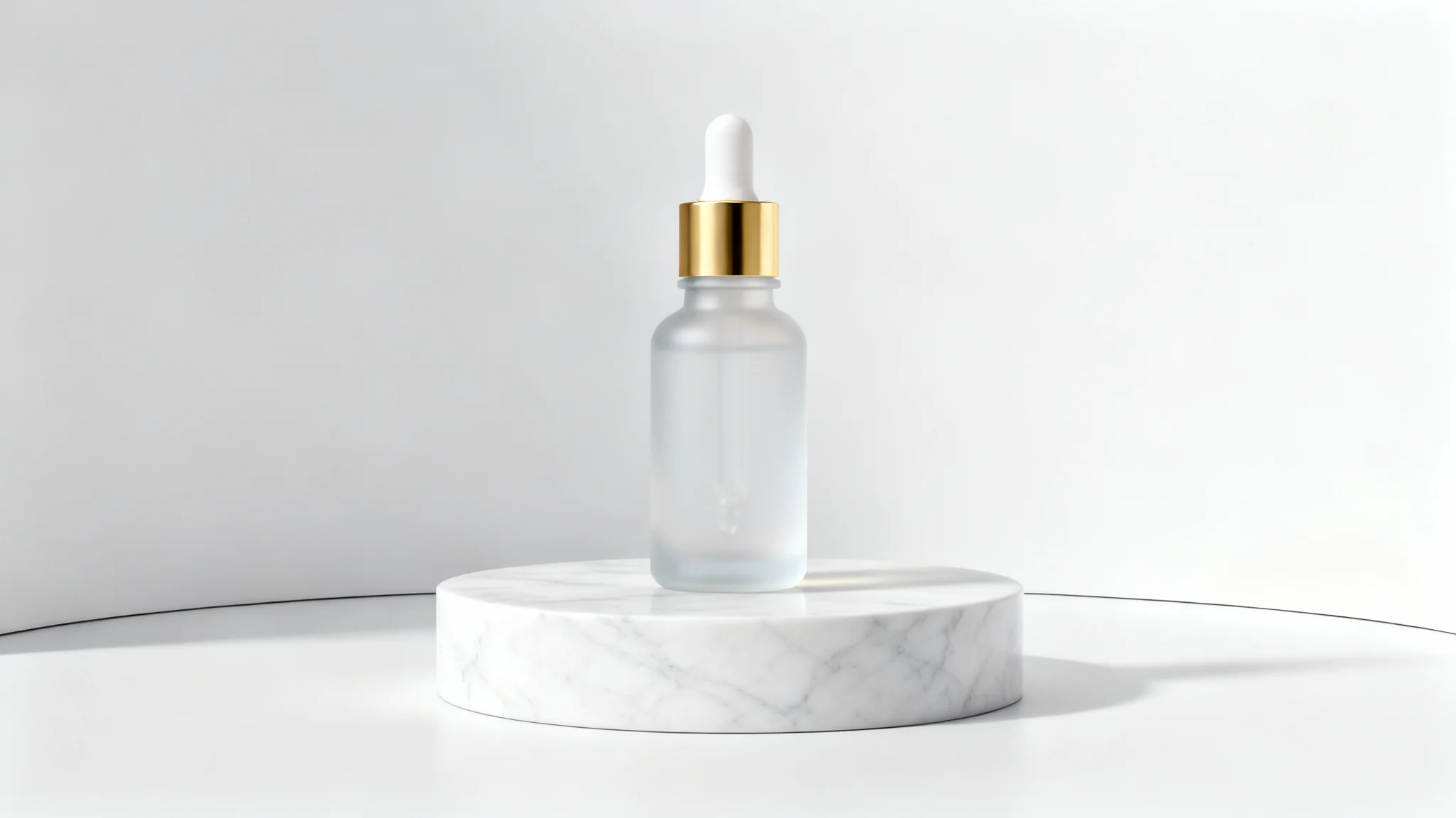 A professional product photograph of a luxury facial serum in a frosted glass bottle with a gold cap, staged on a white marble podium against a clean white studio background.