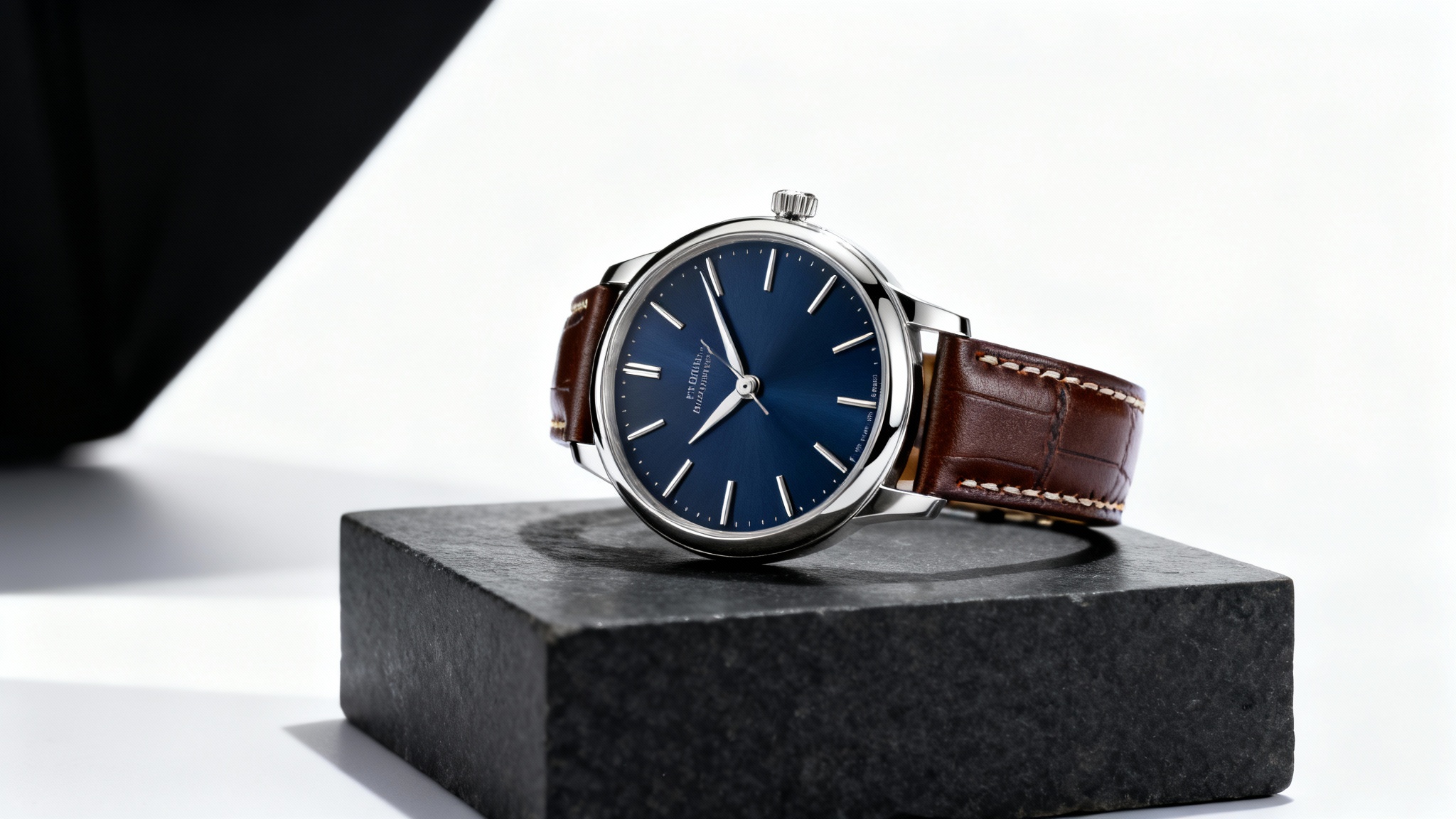 A hyper-realistic studio photograph of a luxury wristwatch with a navy blue face and brown leather strap, expertly lit and placed on a dark pedestal against a clean white background, showcasing professional product photography.