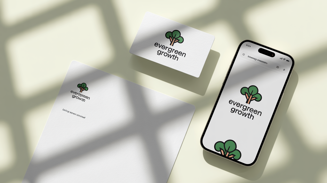 A branding mockup showcasing a stylized green tree logo for 'Evergreen Growth' applied to a business card, a website on a smartphone, and a letterhead, all arranged on a clean white surface.