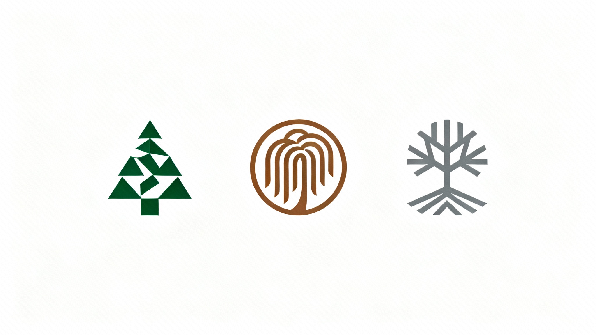 A showcase of three different modern tree logos on a white background. Each logo has a unique, professional design in green, brown, and gray.