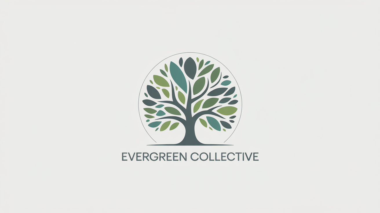 A modern, minimalist logo of a stylized oak tree with green and teal geometric leaves, centered on a white background. Below the tree, the fictional brand name 'Evergreen Collective' is written in a clean grey font.