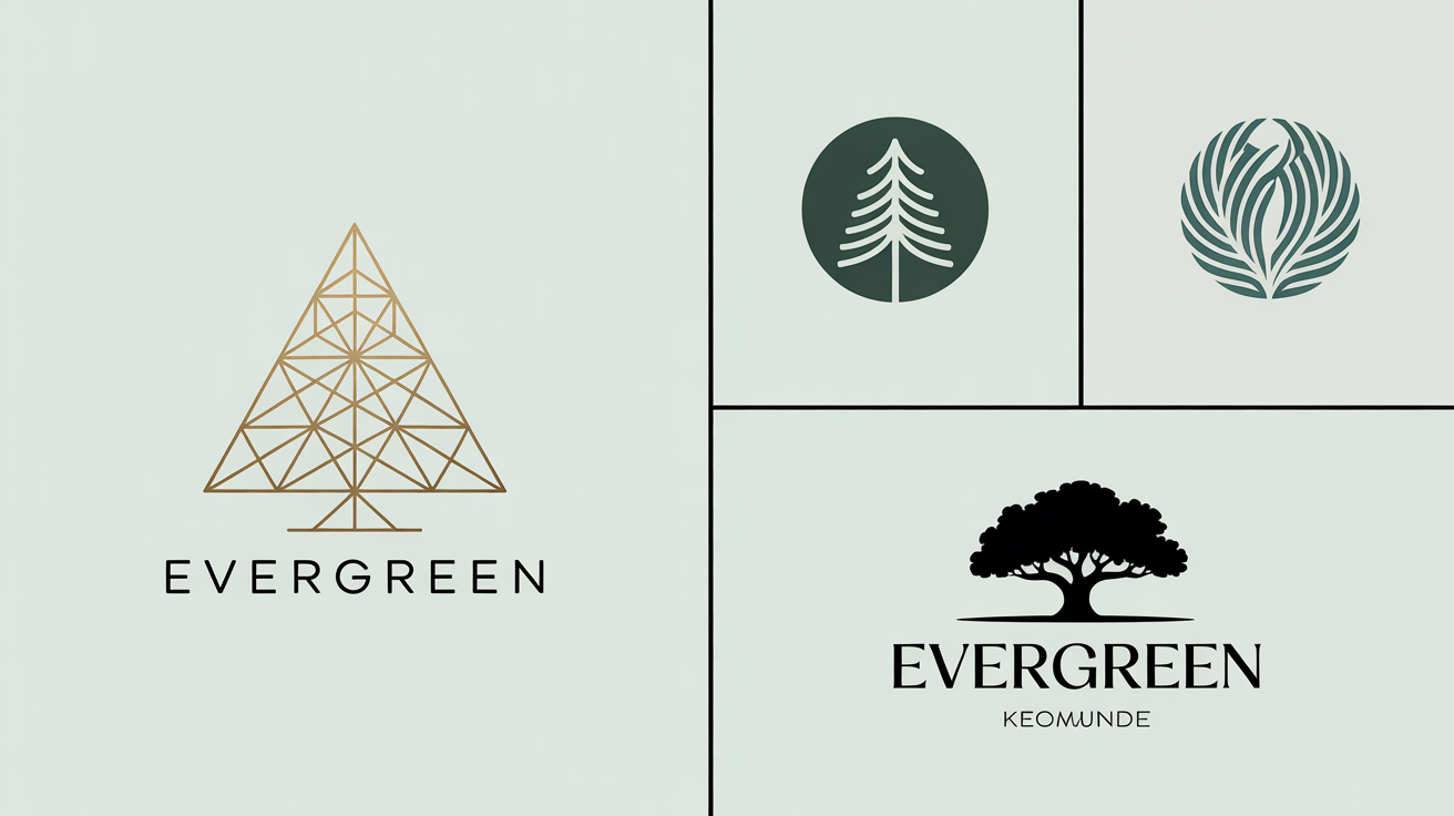 A mockup showcasing four different minimalist tree logo designs on a white background, demonstrating various styles from geometric to abstract.