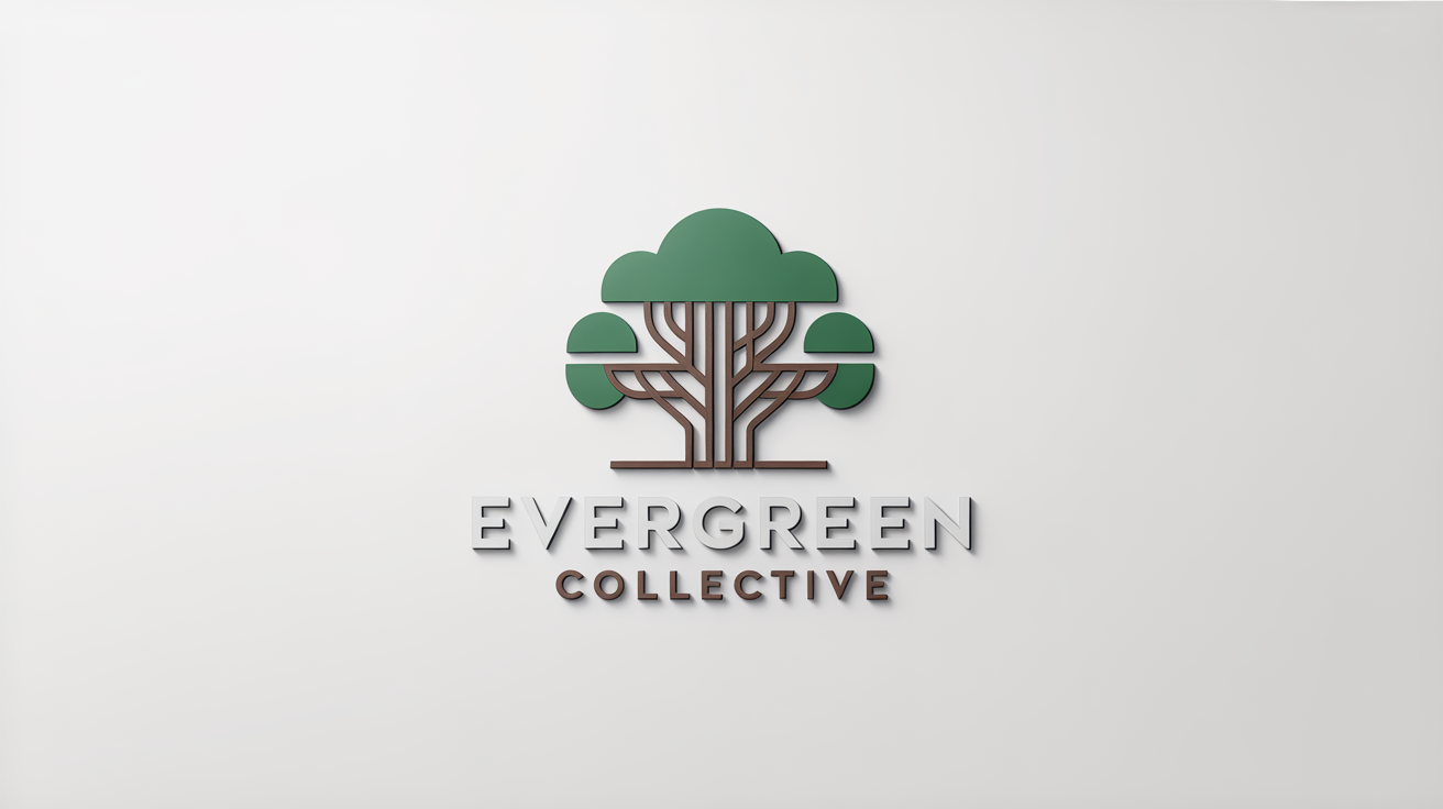 A modern, minimalist tree logo for the fictional brand 'Evergreen Collective', presented as a professional mockup on a plain white background.