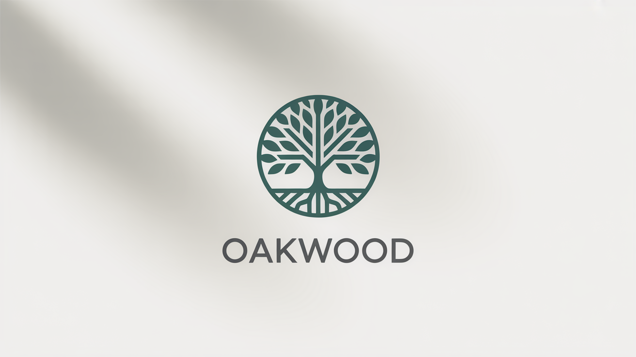 A modern, minimalist tree logo for a fictional brand named 'OAKWOOD', displayed in green and grey on a white background.