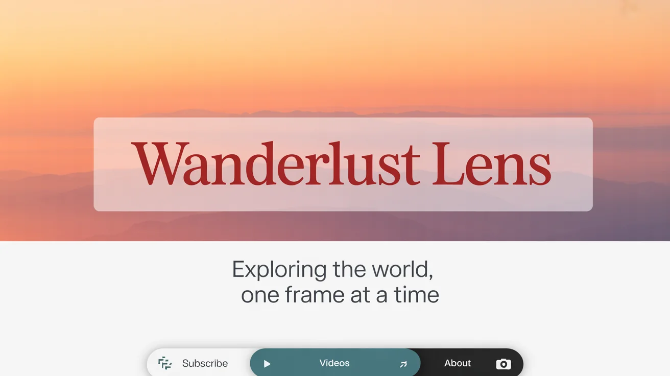 A professionally designed YouTube channel banner for a travel channel called 'Wanderlust Lens', showing a beautiful mountain landscape with the channel name and tagline in elegant text.