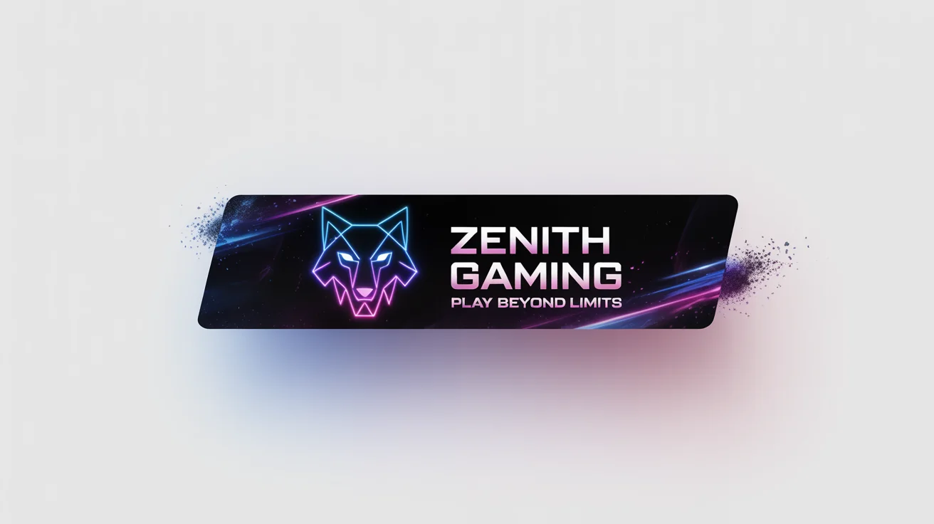 A mockup of a modern gaming channel banner for 'Zenith Gaming,' featuring a geometric wolf logo and neon accents, displayed on a white background.